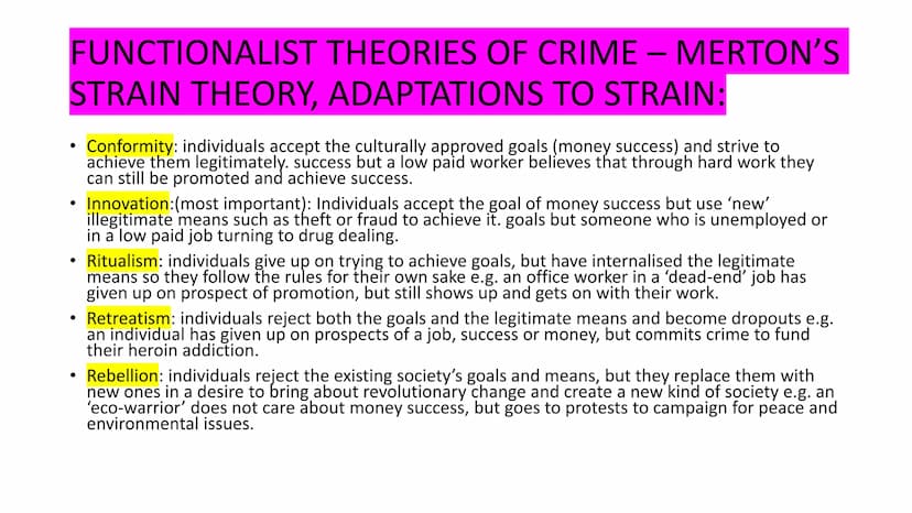 r
CRIME AND DEVIANCE
1.) functionalism and subcultural theories
2.) Labelling theories
3.) Marxism
4.) right + left realism
victims.
5.) Gen