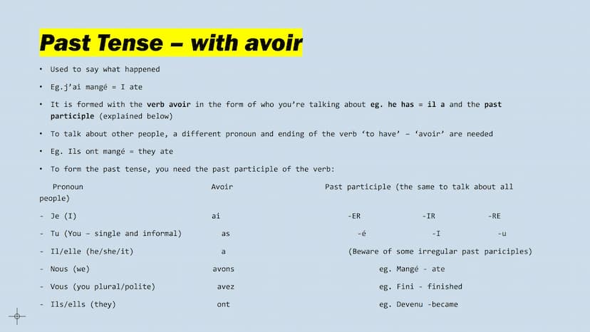우
Tenses
French GCSE Infinitives
To do something
Eg. To eat = manger
• The infinitives end in -er, -ir, and -re
Eg. Finir = to finish
Eg. Pr