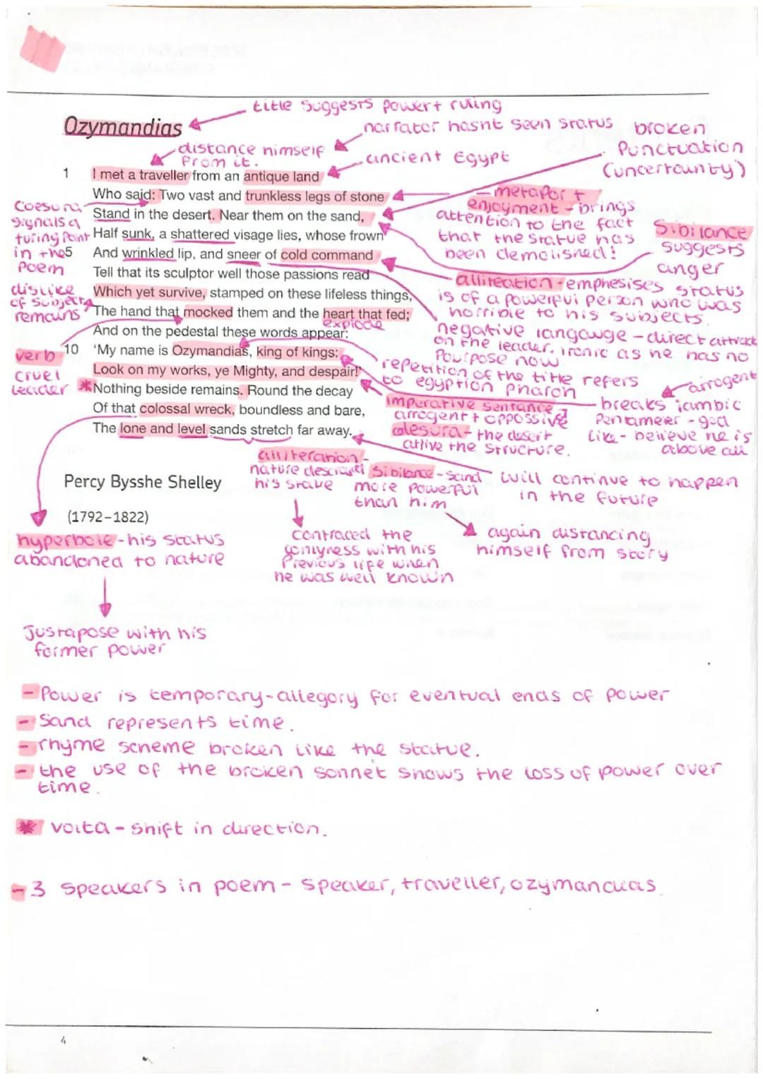 Ozymandias
1
distance nimself
from it.
I met a traveller from an antique land
Coesura
Signals a
Who said: Two vast and trunkless legs of sto