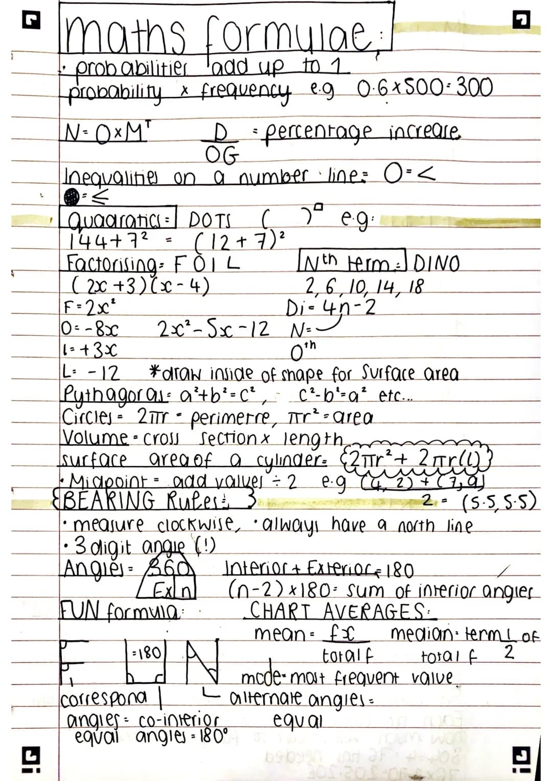 •
maths formulae
1. probabilitier add up to 1
-probability & frequency e.g 0.6×500-300
N=0xMT
2
Di
1
D = percentage increase
OG
Inequalities