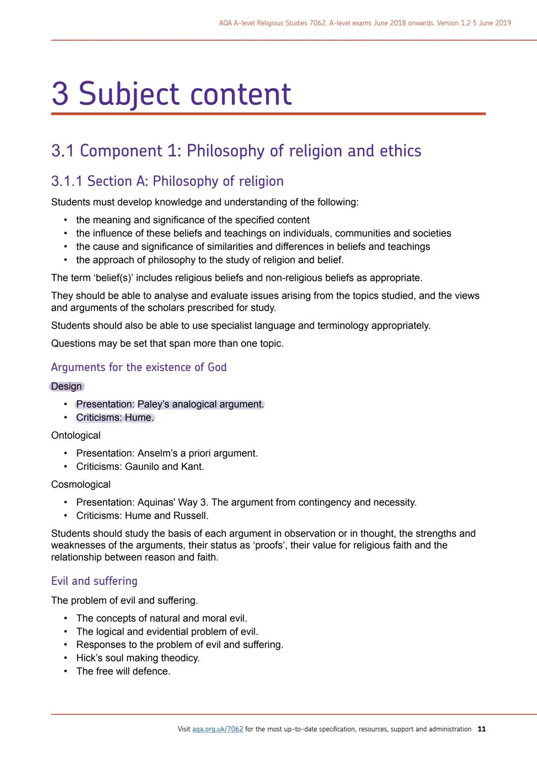 The Design Argument
WILLIAM PALEY AQA A-level Religious Studies 7062. A-level exams June 2018 onwards. Version 1.2 5 June 2019
3 Subject con