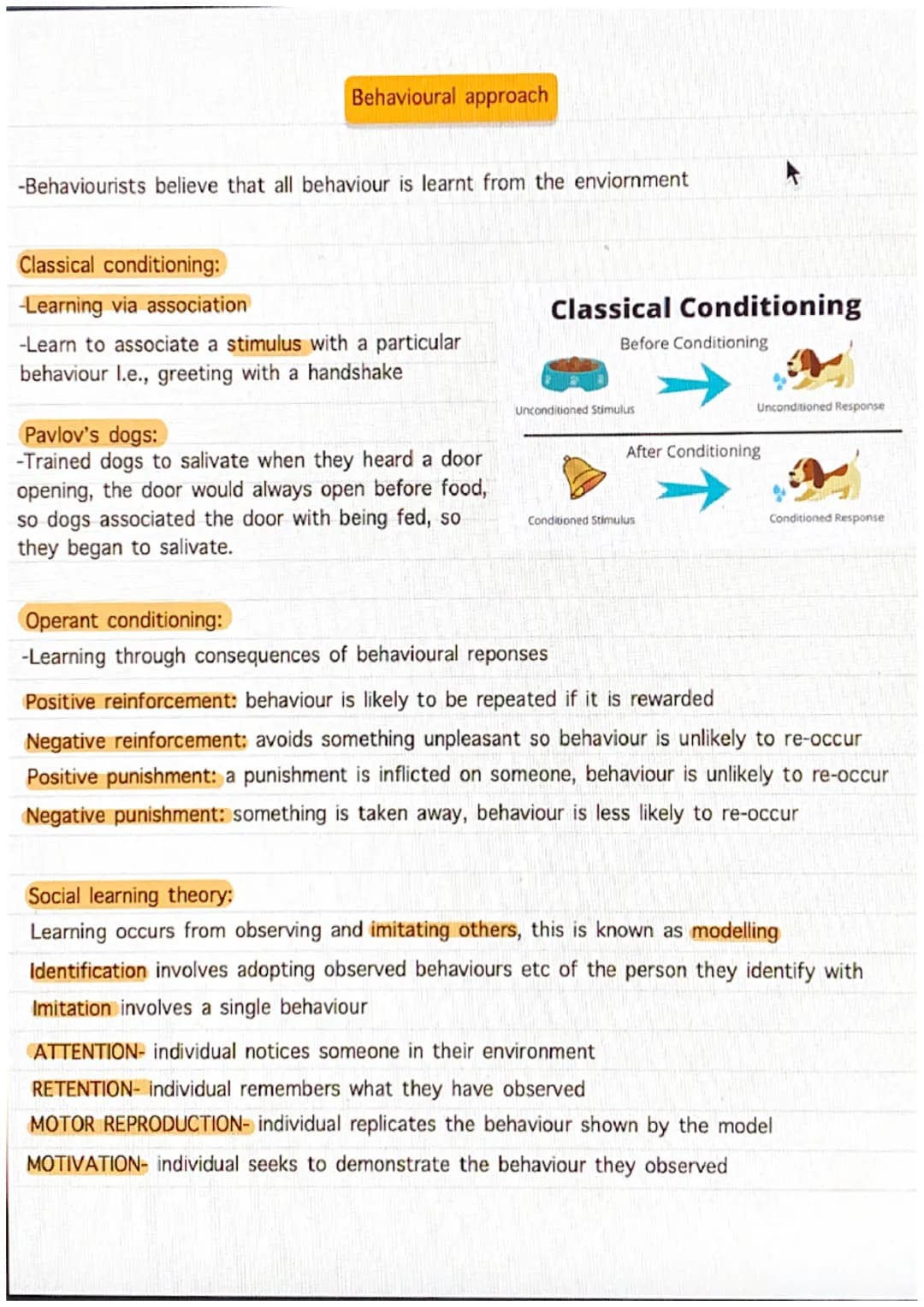 Behavioural approach
-Behaviourists believe that all behaviour is learnt from the enviornment
Classical conditioning:
-Learning via associat