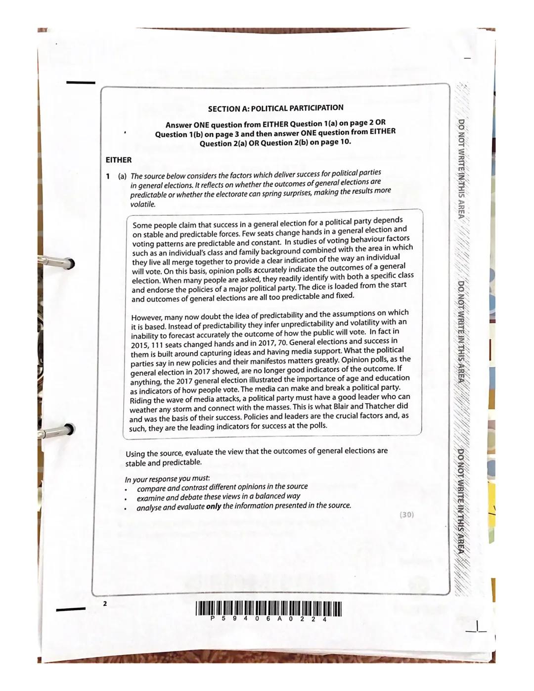 I
SECTION A
Political Participation
2
Answer ONE question from EITHER Question 1(a) OR Question 1(b) on page
and then answer ONE question fr