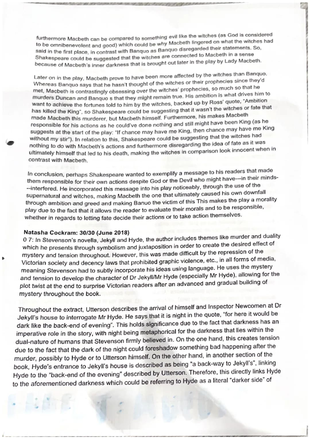PADER 4
LER 4: WAGOLL
English Lit Paper 1- Full Marks Answer
Natasha Cockram: 34/34 (June 2018)
01: Throughout Shakespeare's play, Macbeth, 