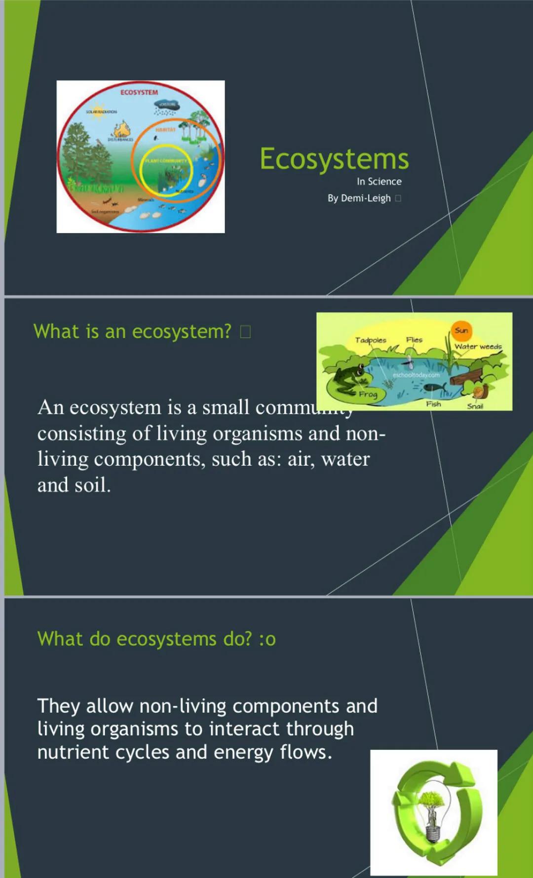 SOLAR RACUATION
ECOSYSTEM
DERENCES
GRAD KRALI
PLANT COMMUNTY
What is an ecosystem?
Ecosystems
In Science
By Demi-Leigh
Tadpoles Flies
What d