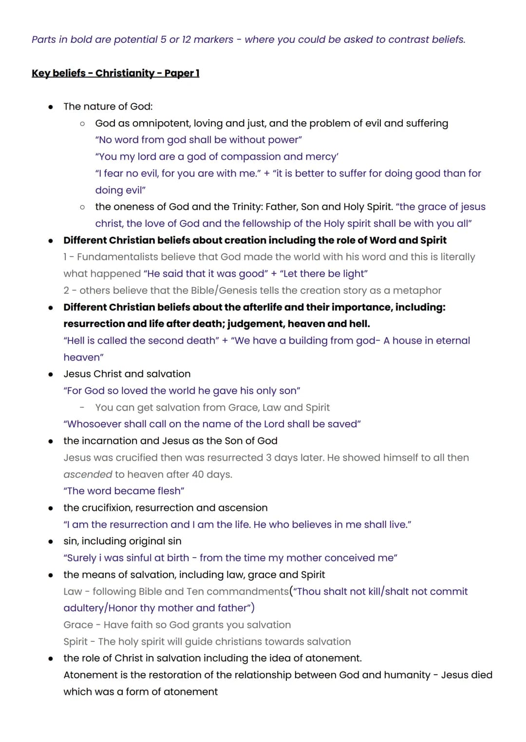 Parts in bold are potential 5 or 12 markers - where you could be asked to contrast beliefs.
Key beliefs - Christianity - Paper 1
● The natur