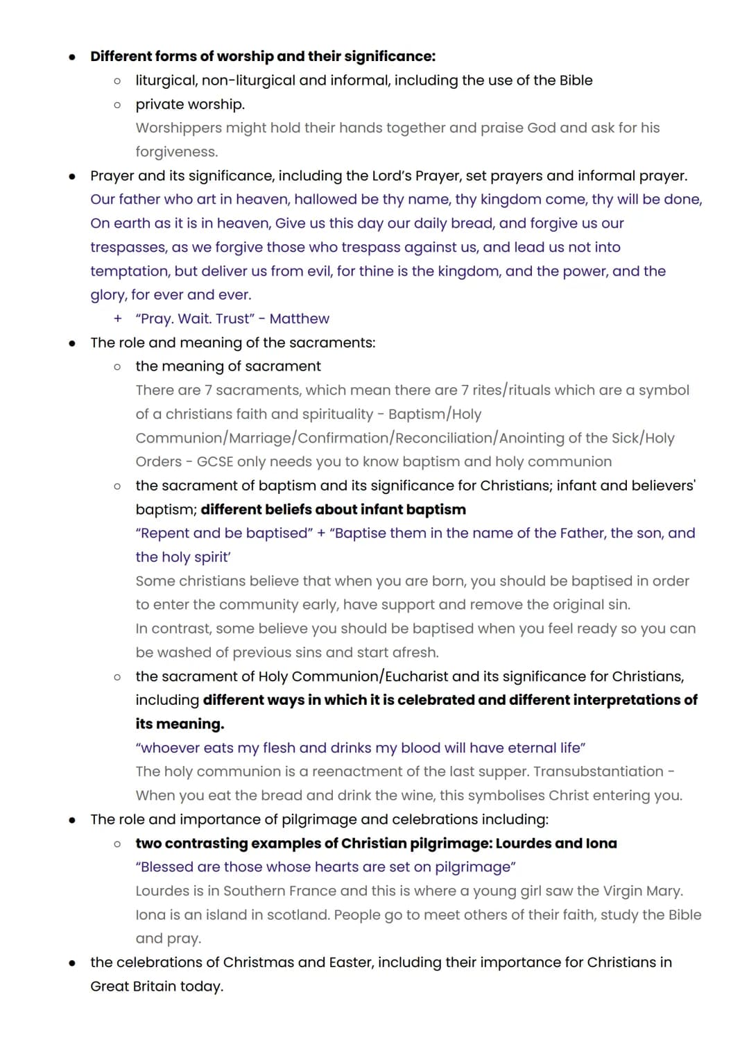 Parts in bold are potential 5 or 12 markers - where you could be asked to contrast beliefs.
Key beliefs - Christianity - Paper 1
● The natur