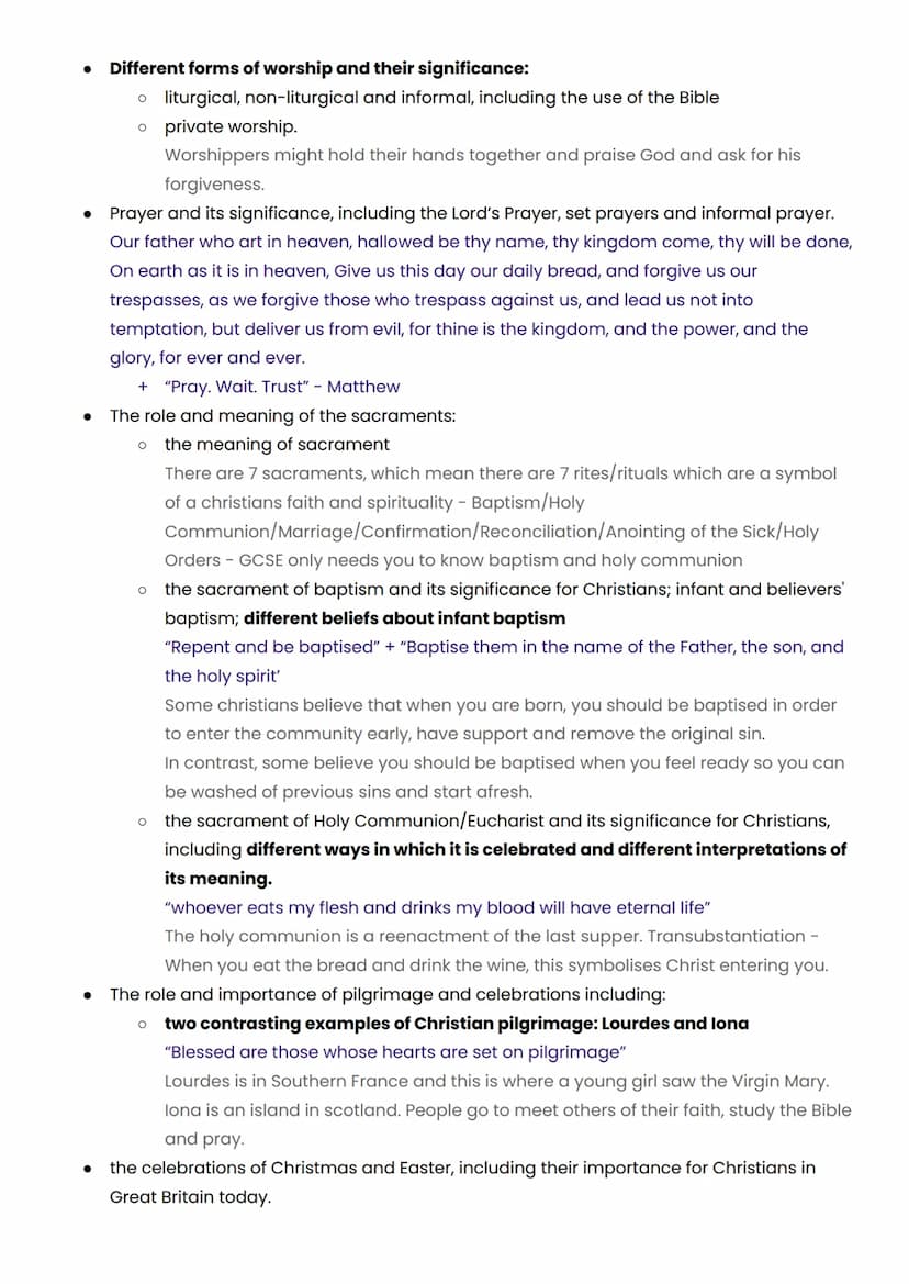Parts in bold are potential 5 or 12 markers - where you could be asked to contrast beliefs.
Key beliefs - Christianity - Paper 1
● The natur