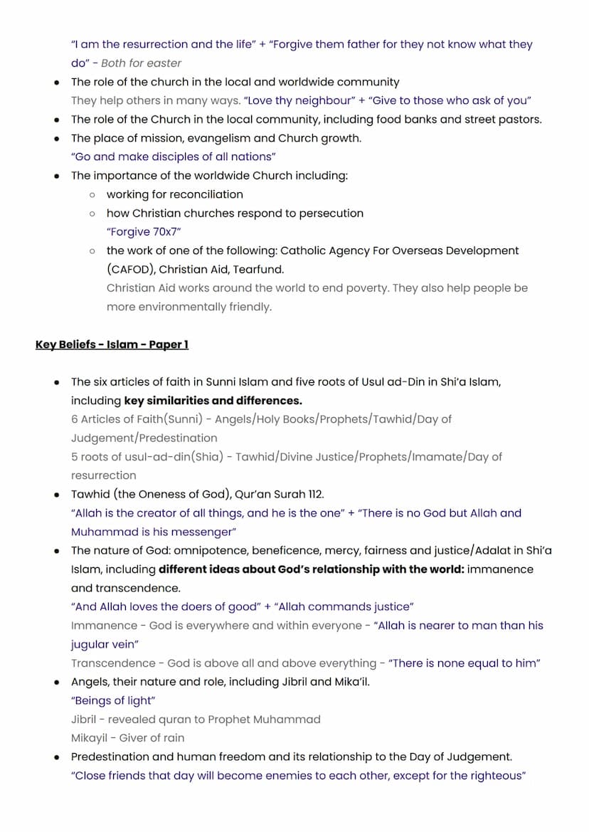 Parts in bold are potential 5 or 12 markers - where you could be asked to contrast beliefs.
Key beliefs - Christianity - Paper 1
● The natur