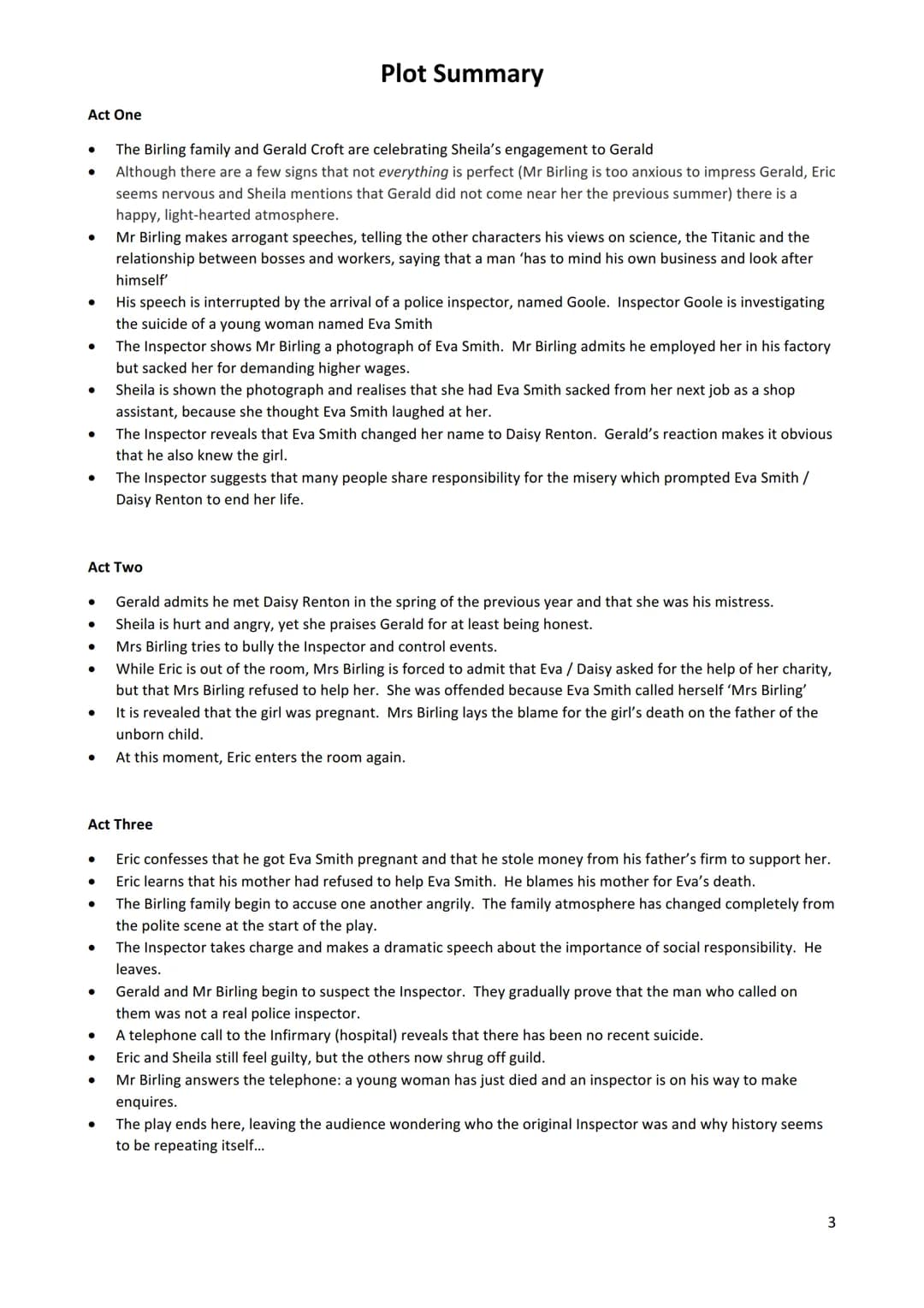 English Literature: Paper 2
'An Inspector Calls'
Stoke Newington School Revision Booklet
An
Inspector
Calls
Name:
Teacher:
1 • Plot summary
