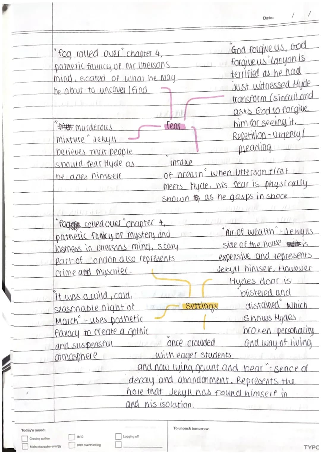 KEY THEMESJ+H₂
Jekyll vs Hyde
"Blackness about his
very eyes" - Jekyll
when asked about.
Hyde & Hydes soul is
piercing through Jekylls
Shin 