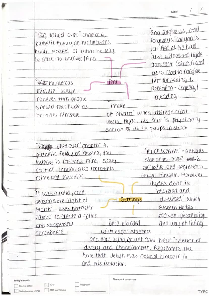 KEY THEMESJ+H₂
Jekyll vs Hyde
"Blackness about his
very eyes" - Jekyll
when asked about.
Hyde & Hydes soul is
piercing through Jekylls
Shin 