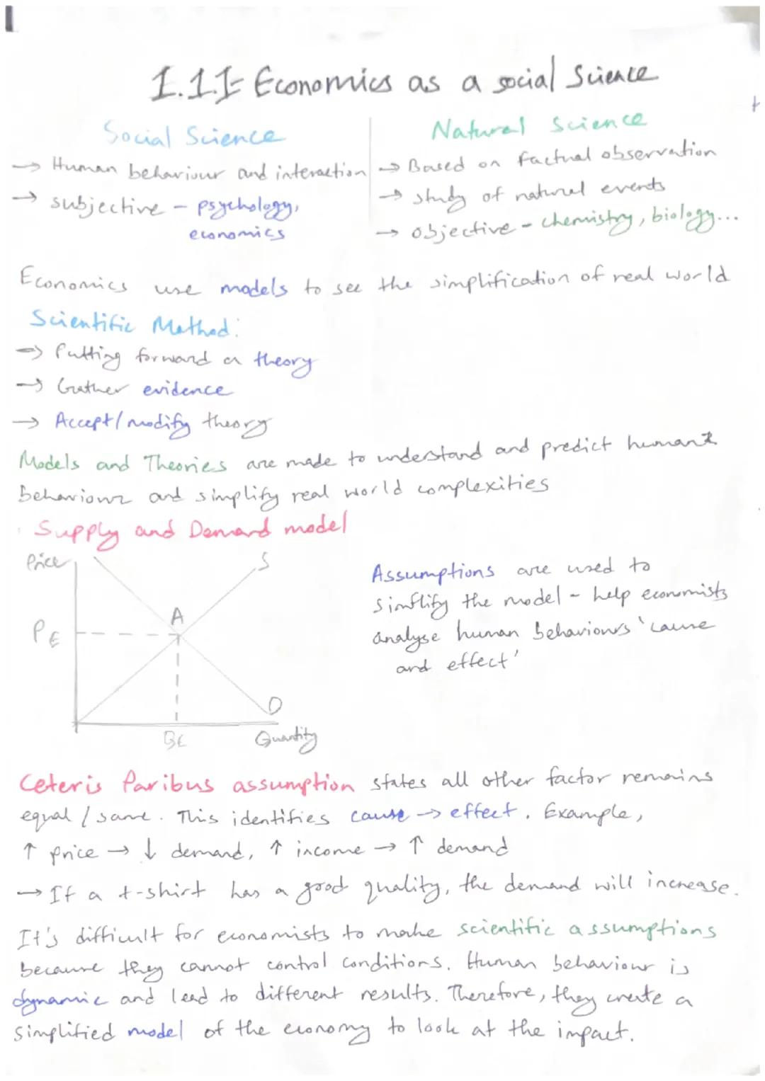 1.1.1 Economics as a social Science
Social Science
Natural Science
~ Human behaviour and interaction - Based on factual observation
→ subjec