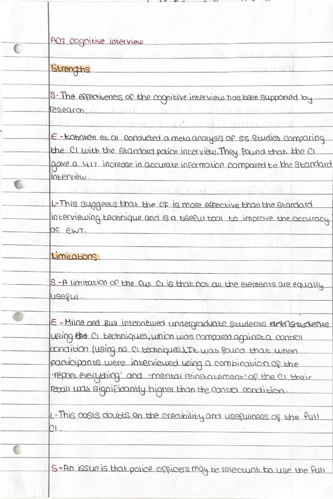THE COGNITIVE INTERVIEW
Cognitive interview- A police technique for interviewing witnesses
to a crime which uses multiple retrieval Straterg