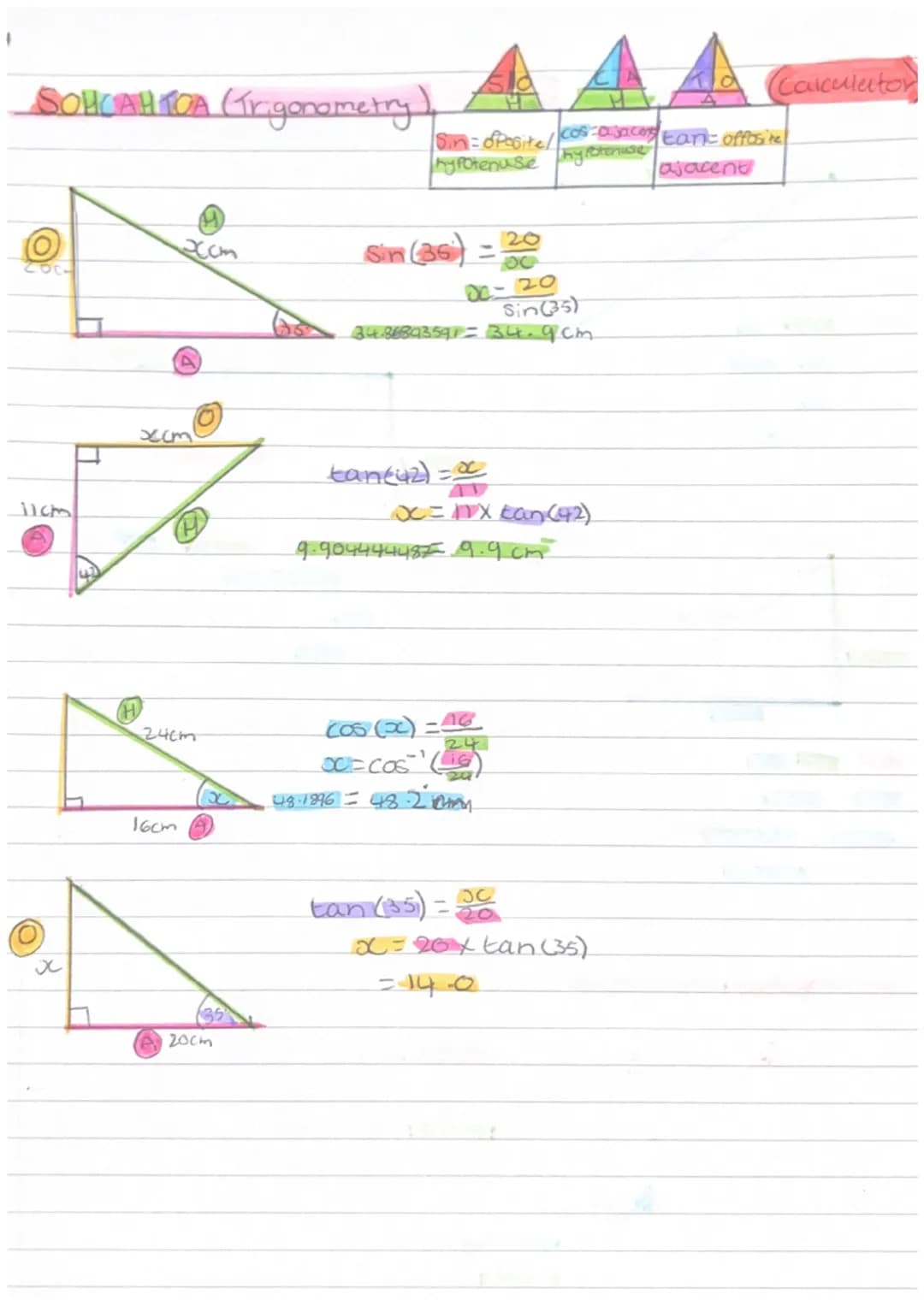 SOHCAHTOA (Trigonometry)
11cm
xcm
24cm
A
16cm A
e 20cm
Sin (36) 20
=
Sin = oposite/cos-a sacens tank- offosite
hypotenuse
Thy potenuse"
ajac