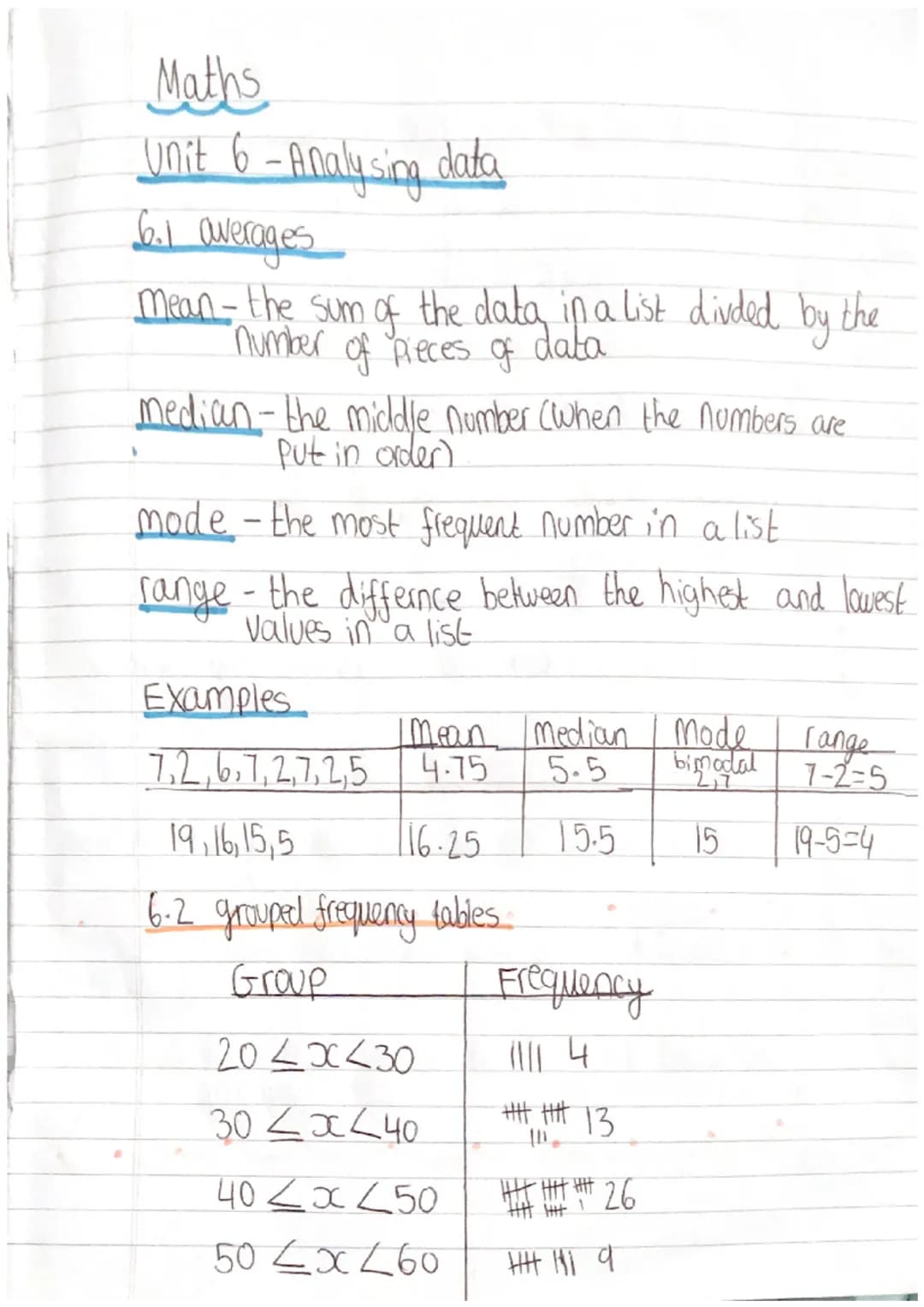 Maths
Unit 6 - Analysing data
6.1 averages
mean - the sum of the data in a list divded by the
number of pieces of data.
median-the middle nu