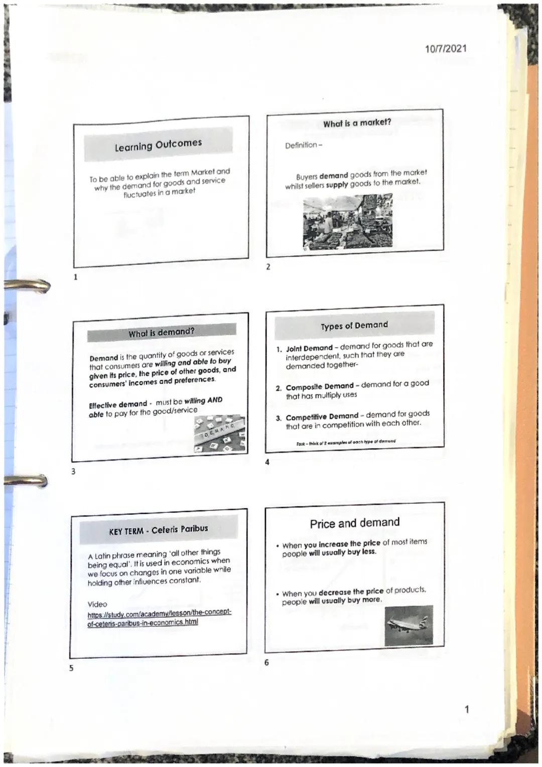 3
5
Learning Outcomes
To be able to explain the term Market and
why the demand for goods and service
fluctuates in a market
What is demand?
