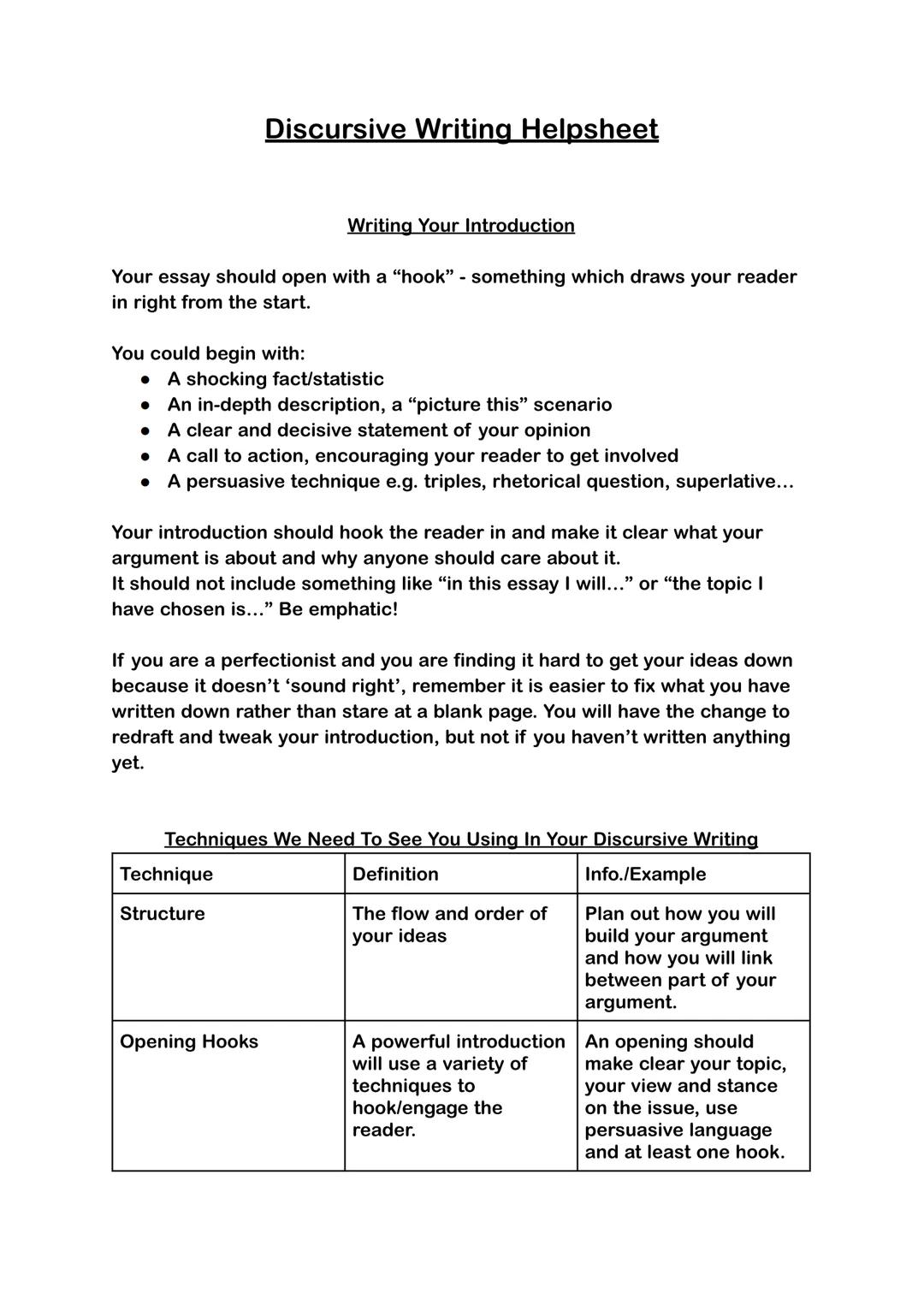 # Discursive Writing Helpsheet

Writing Your Introduction

Your essay should open with a "hook" - something which draws your reader
in right