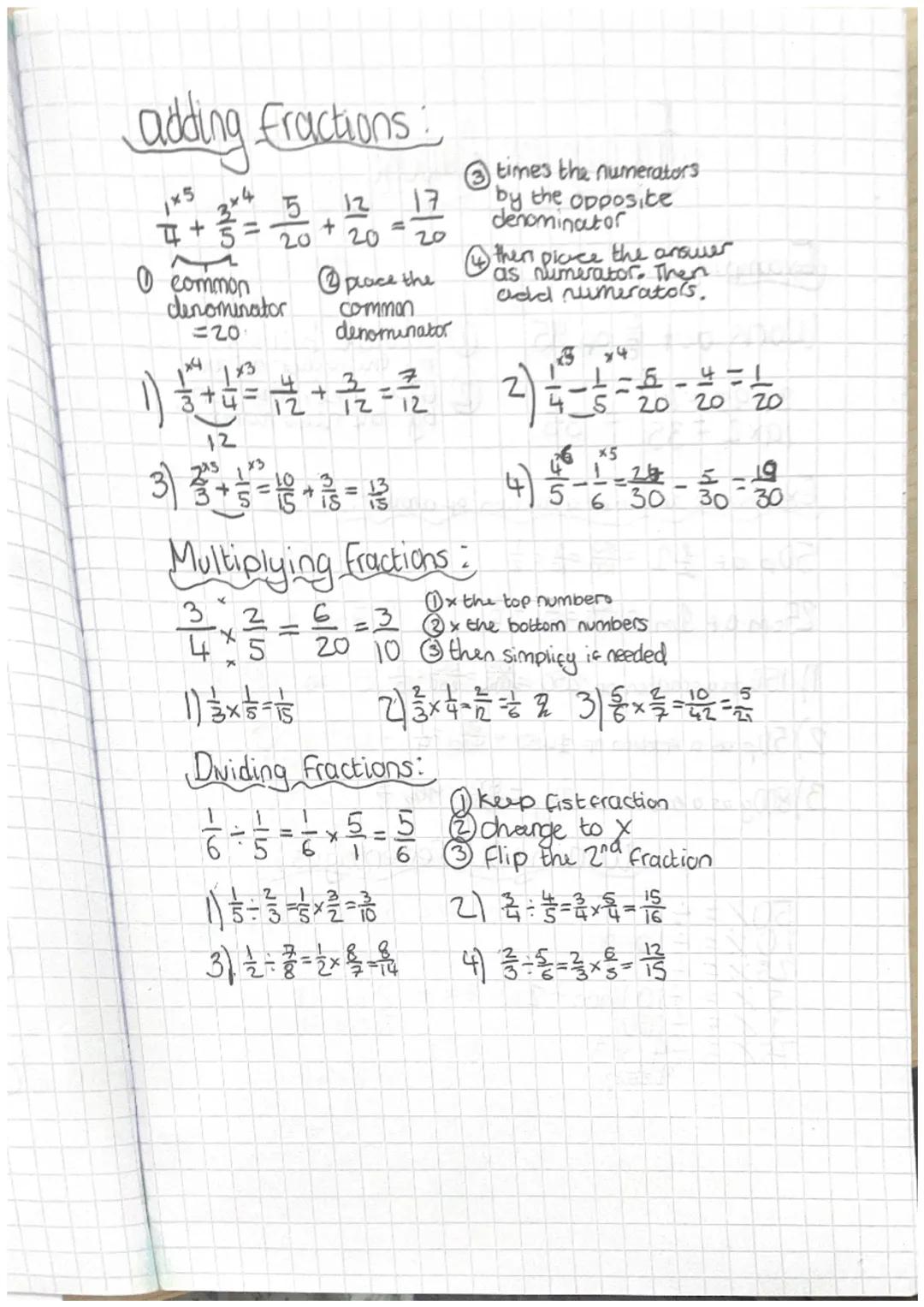 adding fractions:
1×5
3
+5
=
0 common
denominator
=20
74 1x3
5
20
+
12
20
=
17
20
place the
common
denominator
1) +=
12
3)+=+=
크
12
Multiply