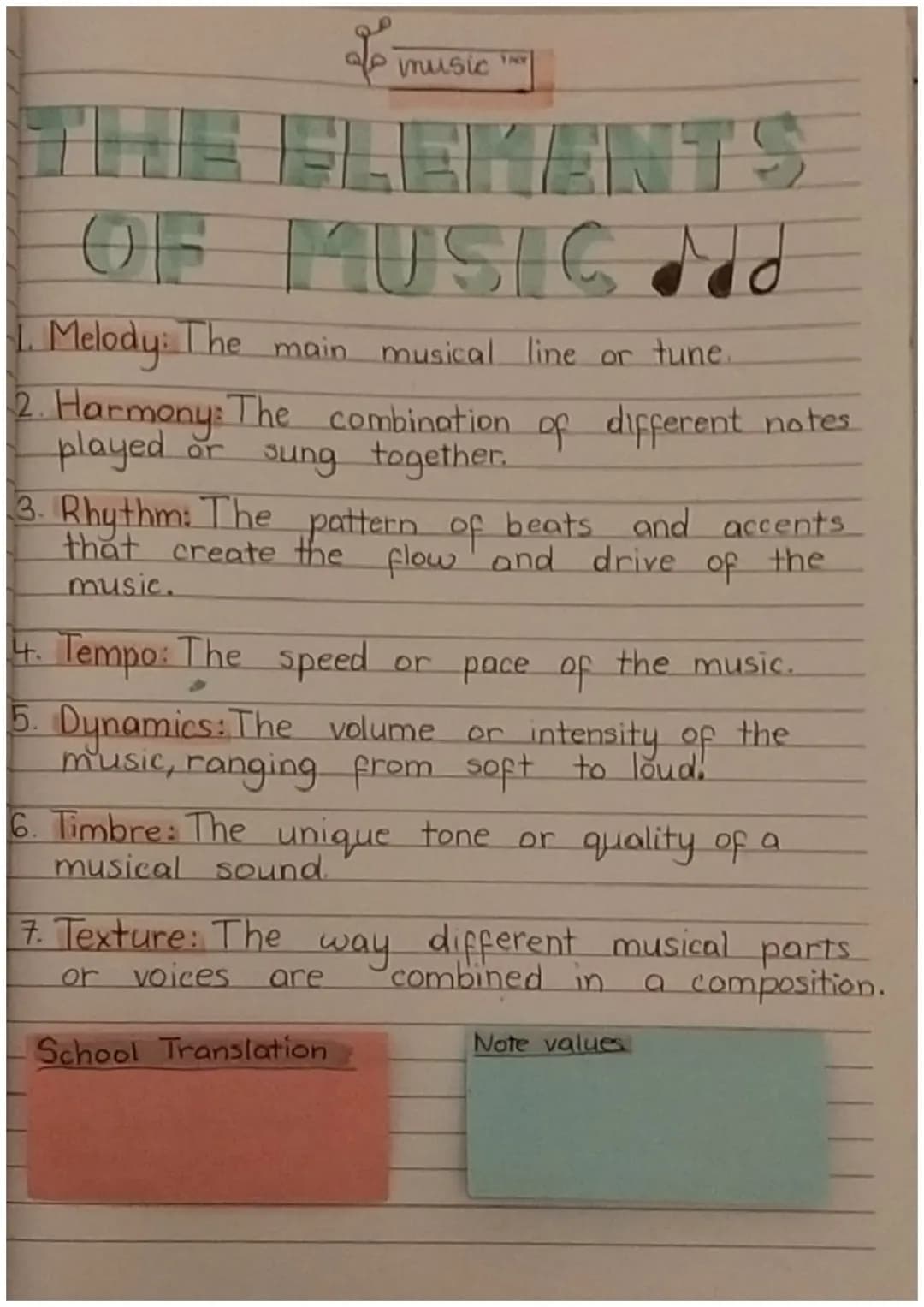 L
music
THE
FLEMENTS
OF MUSIC MO
1. Melody: The main musical line or tune
2. Harmony: The combination of different notes
played or sung toge