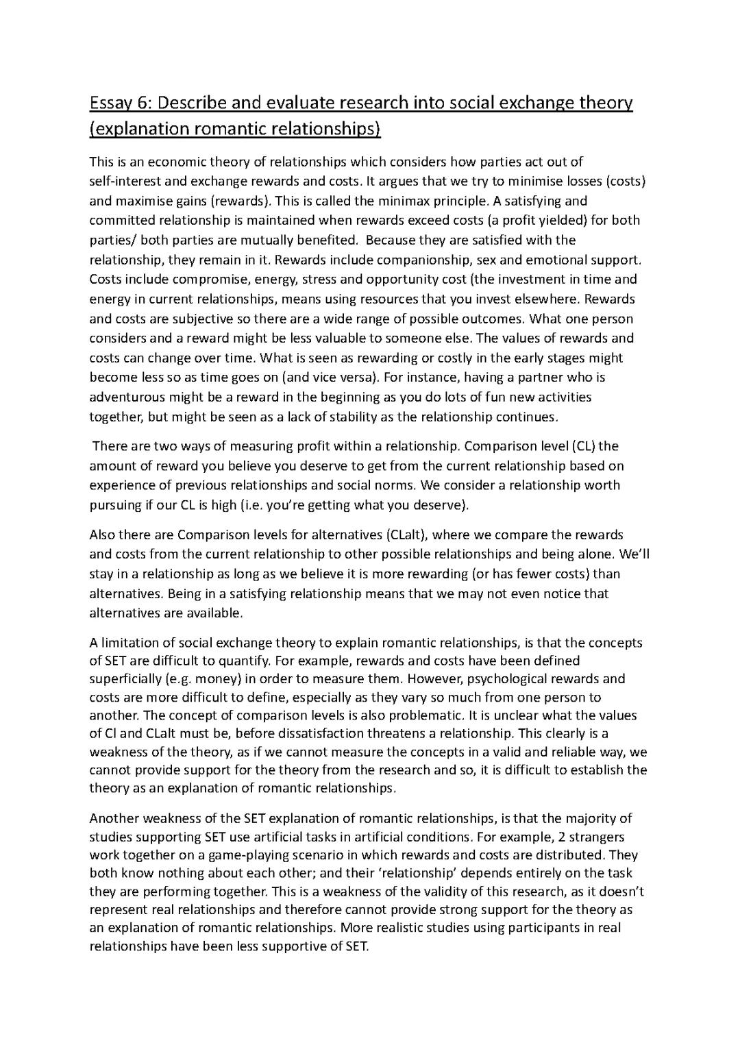 AQA Psychology A-level, Relationships, Essay 6: Describe and evaluate research into Social exchange theory (explanation of romantic relationships)