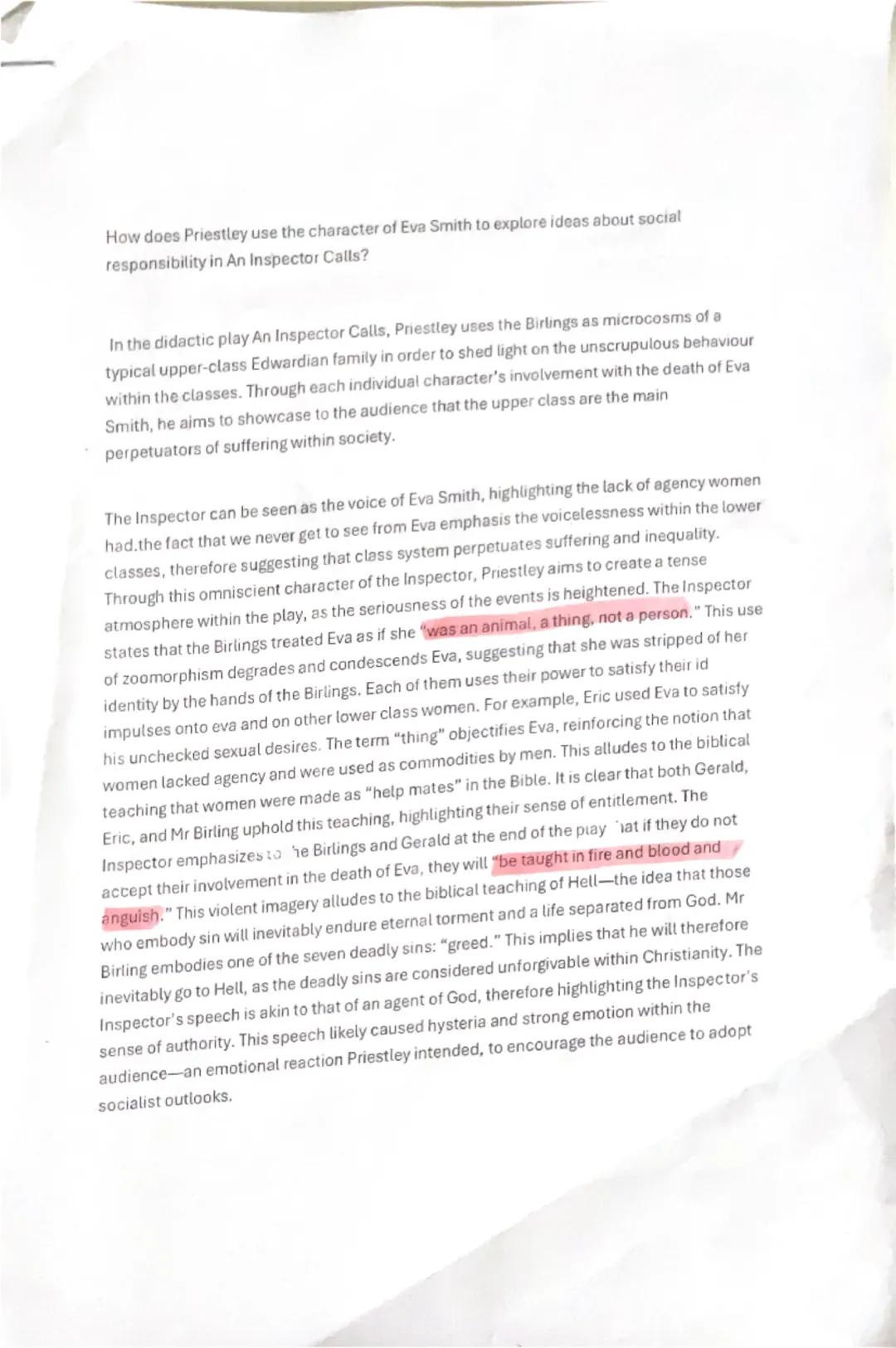 Grade 9 Essay on An Inspector Calls: Eva Smith Analysis