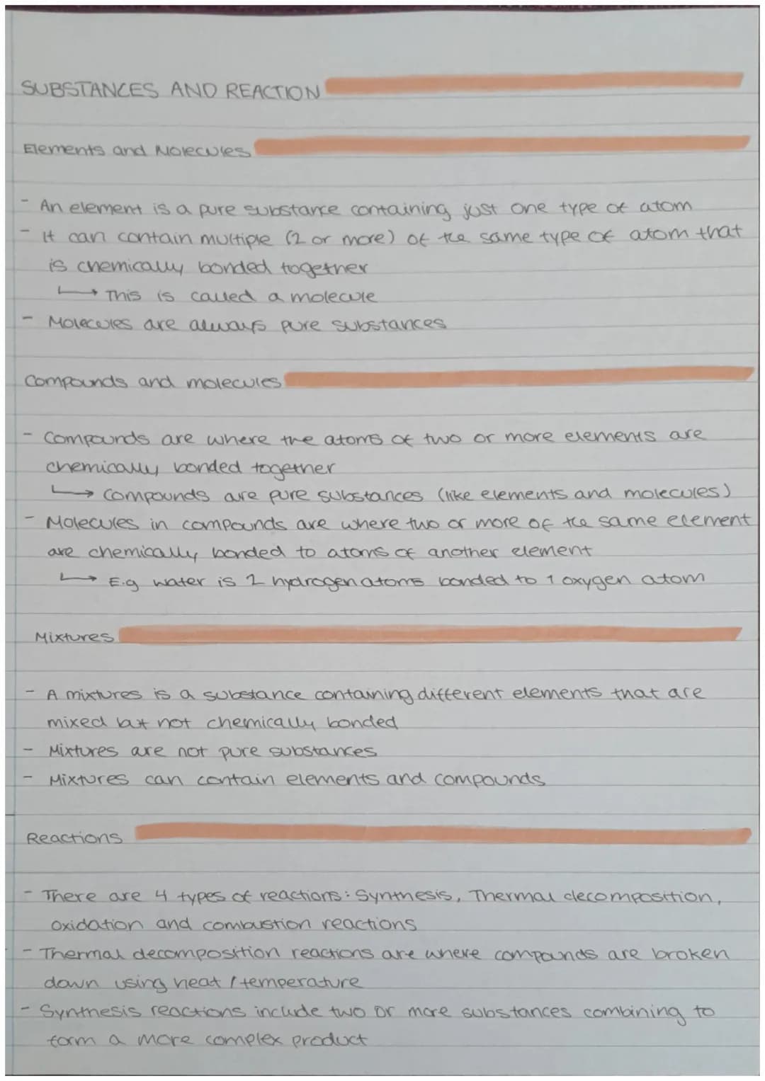 SUBSTANCES AND REACTION
Elements and Molecules
- An element is a pure substance containing just one type of atom.
It can contain multiple (2