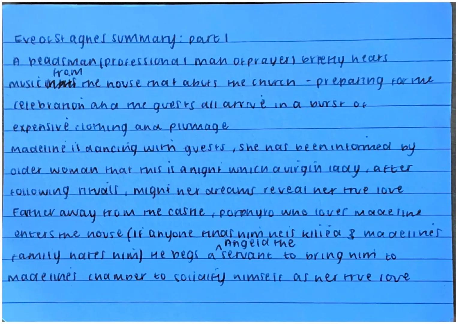 Eve orst agnes summary: part 1
A beadsman (professional man ofprayer) briely hears
from
musicunts the house hat abuts the church - preparing