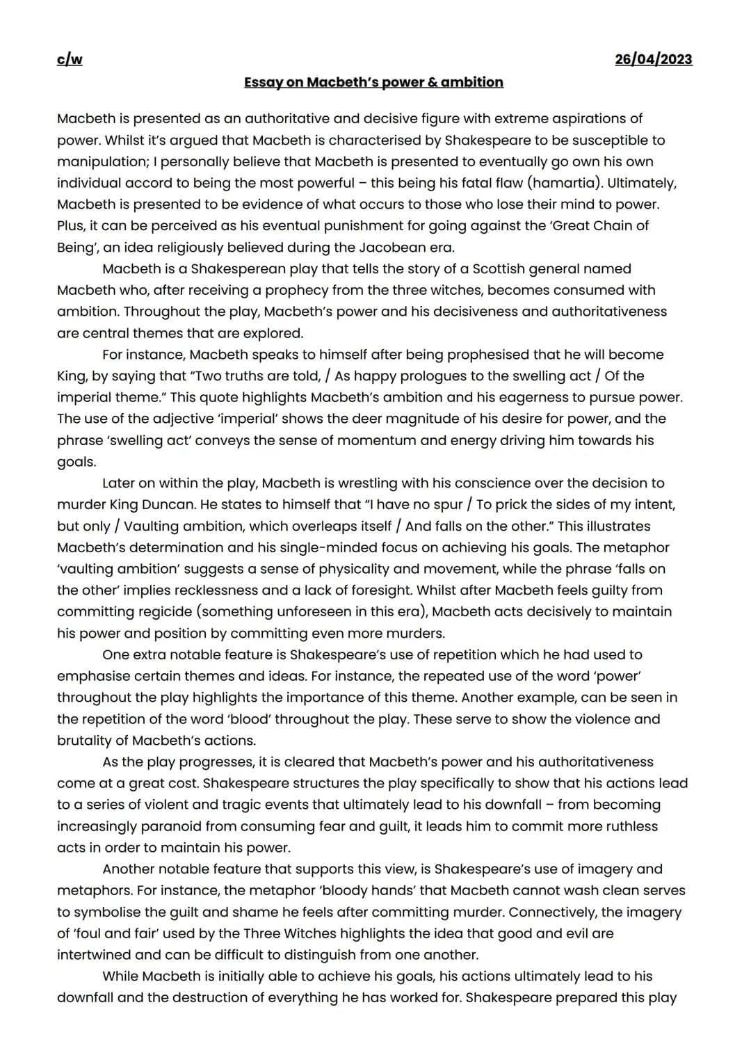 c/w
26/04/2023
Essay on Macbeth's power & ambition
Macbeth is presented as an authoritative and decisive figure with extreme aspirations of
