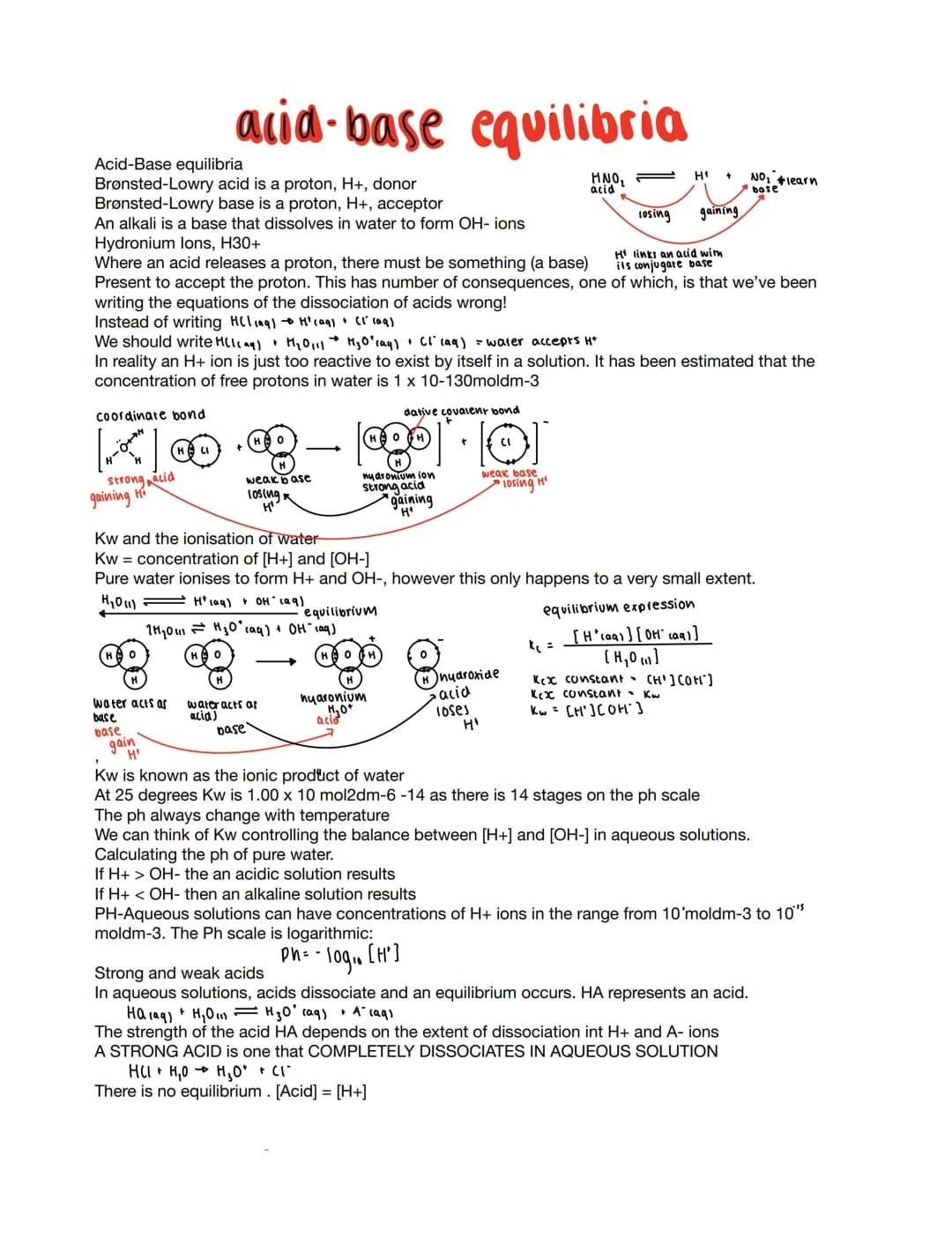 Acid-Base equilibria
Brønsted-Lowry acid is a proton, H+, donor
Brønsted-Lowry base is a proton, H+, acceptor
An alkali is a base that disso