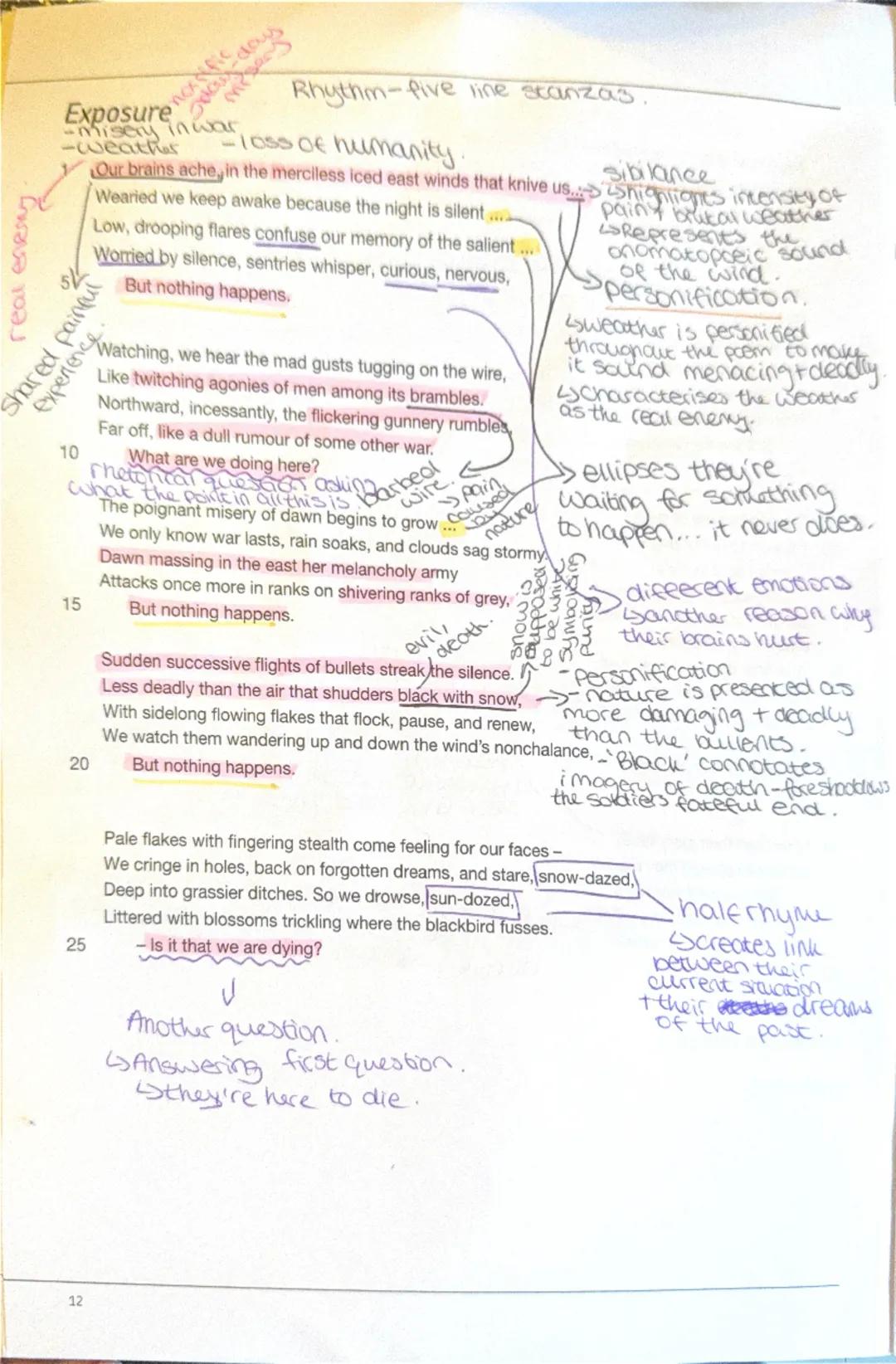 ## Exposure
-misery in war
-weather
-loss of humanity.

Our brains ache, in the merciless iced east winds that knive us...
Wearied we keep a