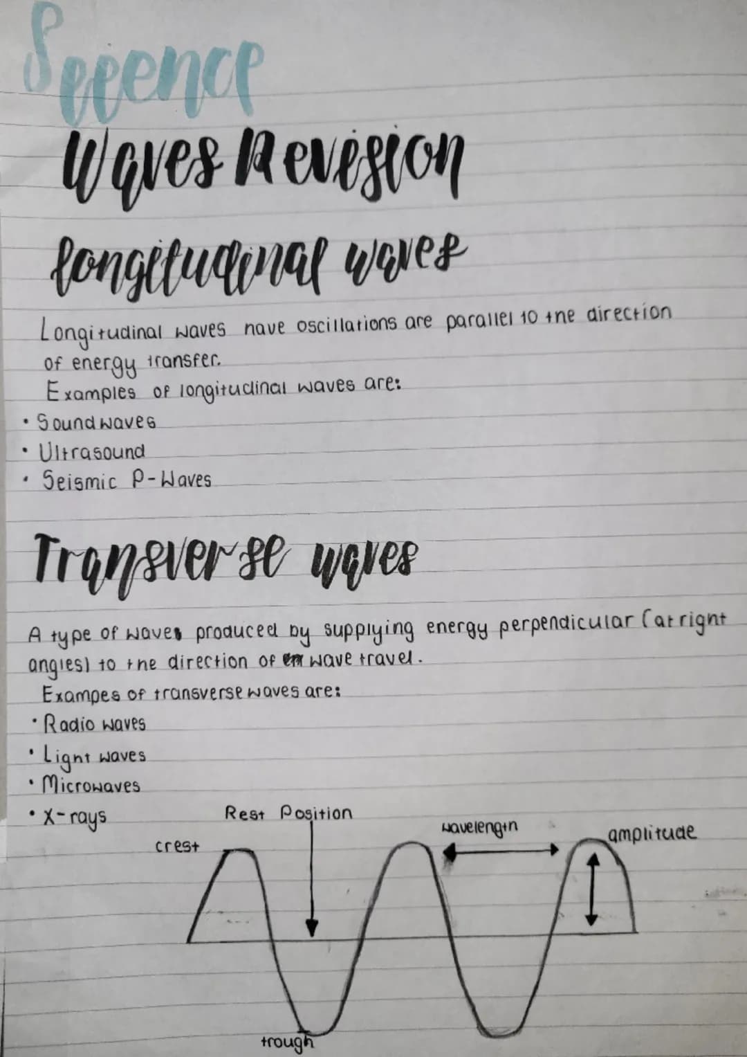 Sreence
Waves Revision
longitudinal waves
Longitudinal waves nave oscillations are parallel 10 the direction
of energy transfer.
Examples of