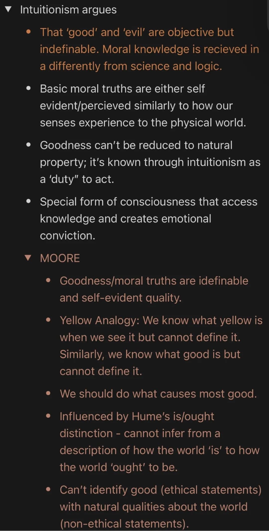 ▼ Intuitionism argues
That 'good' and 'evil' are objective but
indefinable. Moral knowledge is recieved in
a differently from science and lo