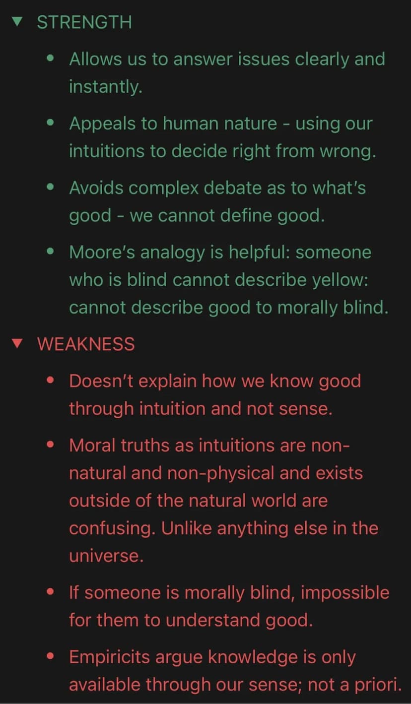▼ Intuitionism argues
That 'good' and 'evil' are objective but
indefinable. Moral knowledge is recieved in
a differently from science and lo