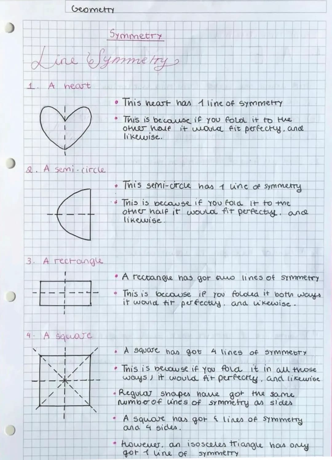 )
Symmetry
Line Symmetry
A heart.
1
Geometry
♡
2. A semi-circle
3. A rectangle
V
TIT
4. A square
This heart has 1 line of symmetty.
• This i