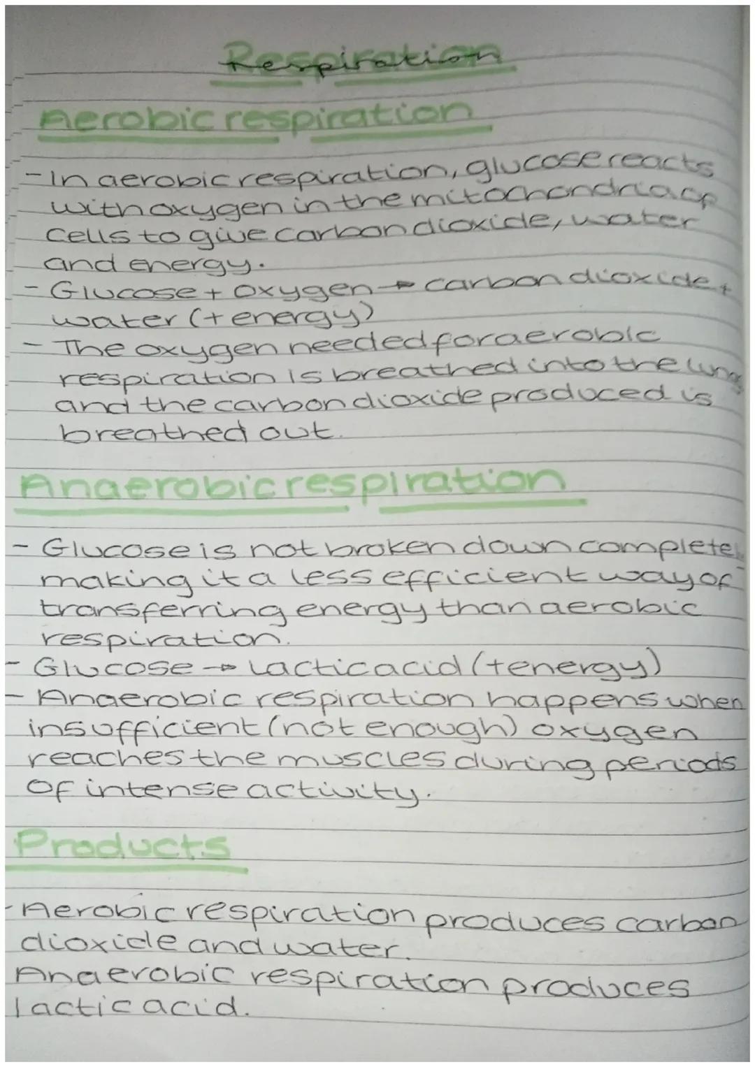 Respiratioth

Aerobic respiration
-In aerobic respiration, glucose reacts
with oxygen in the mitochondriage
Cells to give carbon dioxide, wa