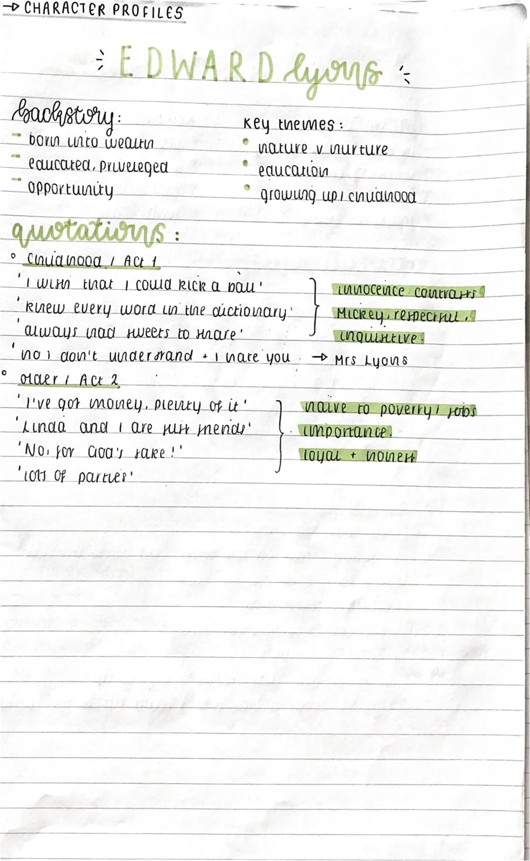 0
AD
backstory:
O
CHARACTER PROFILES
"
"
1
= EDWARD lyons :
Key themes:
quotations:
chuanood / Act 1
I
I with that I could kick a pau'
knew 