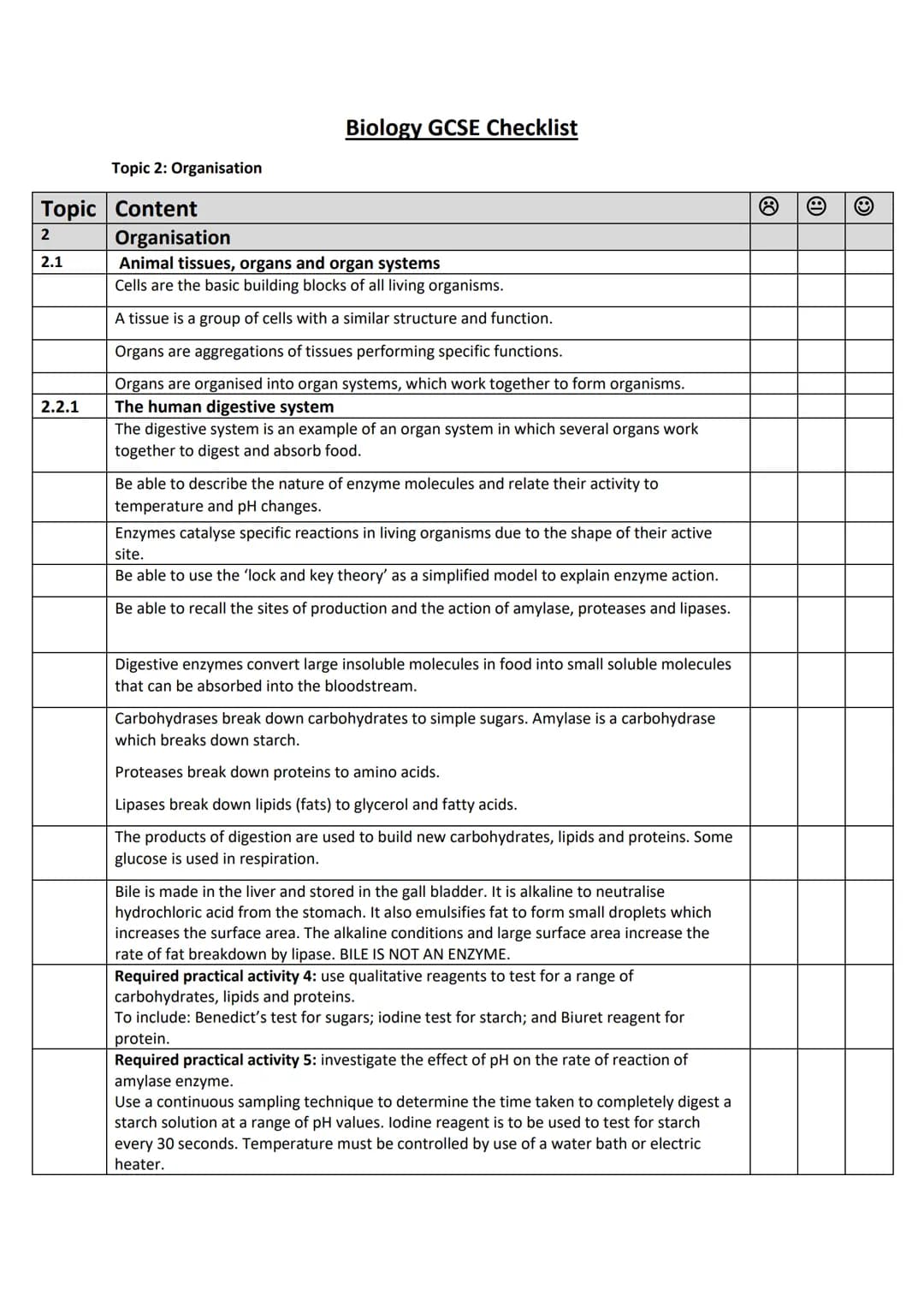 Topic 2: Organisation
Topic Content
2
2.1
2.2.1
Organisation
Biology GCSE Checklist
Animal tissues, organs and organ systems
Cells are the b