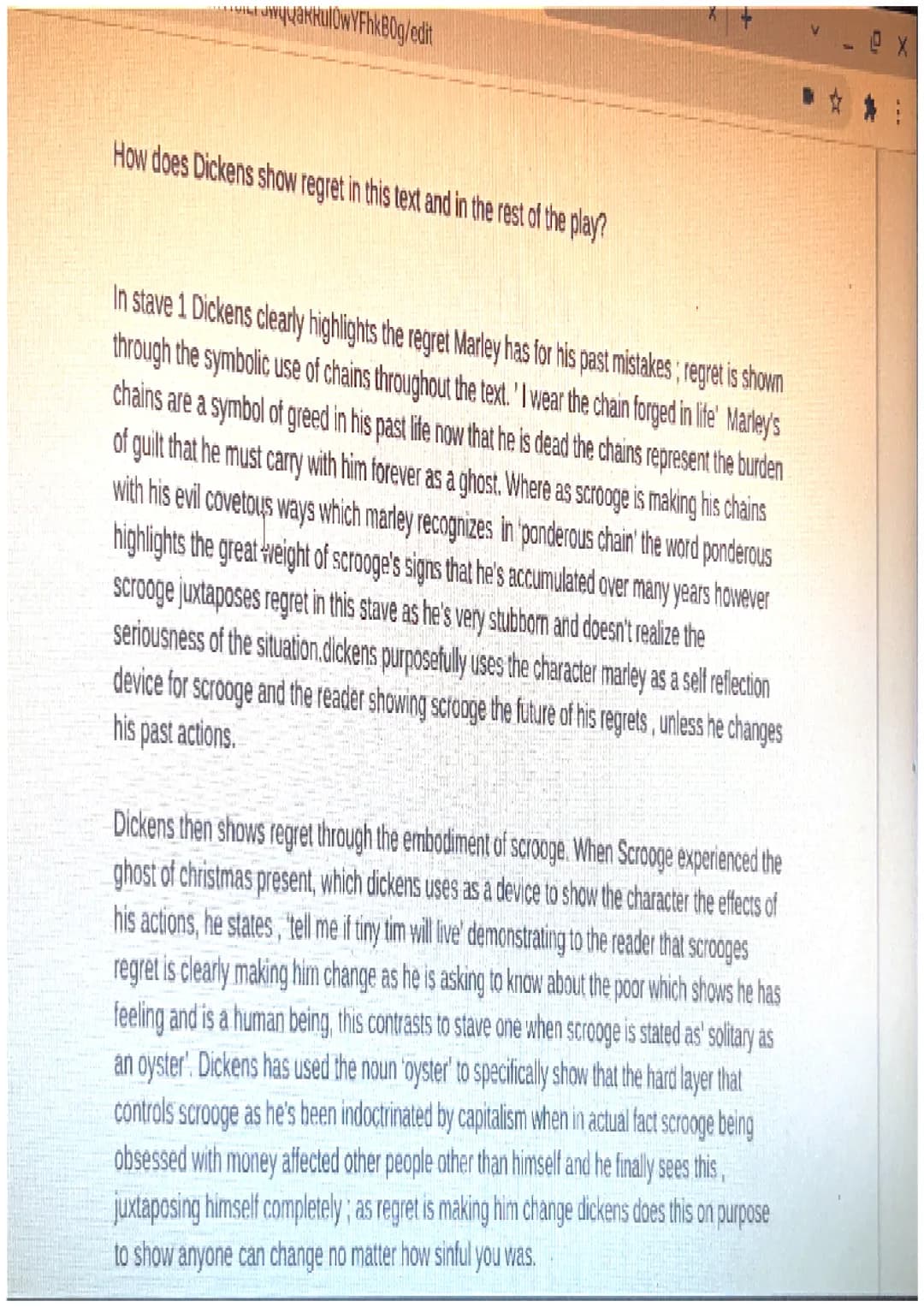 wywakkulowYFhkB0g/edit
How does Dickens show regret in this text and in the rest of the play?
Totale
In stave 1 Dickens clearly highlights t