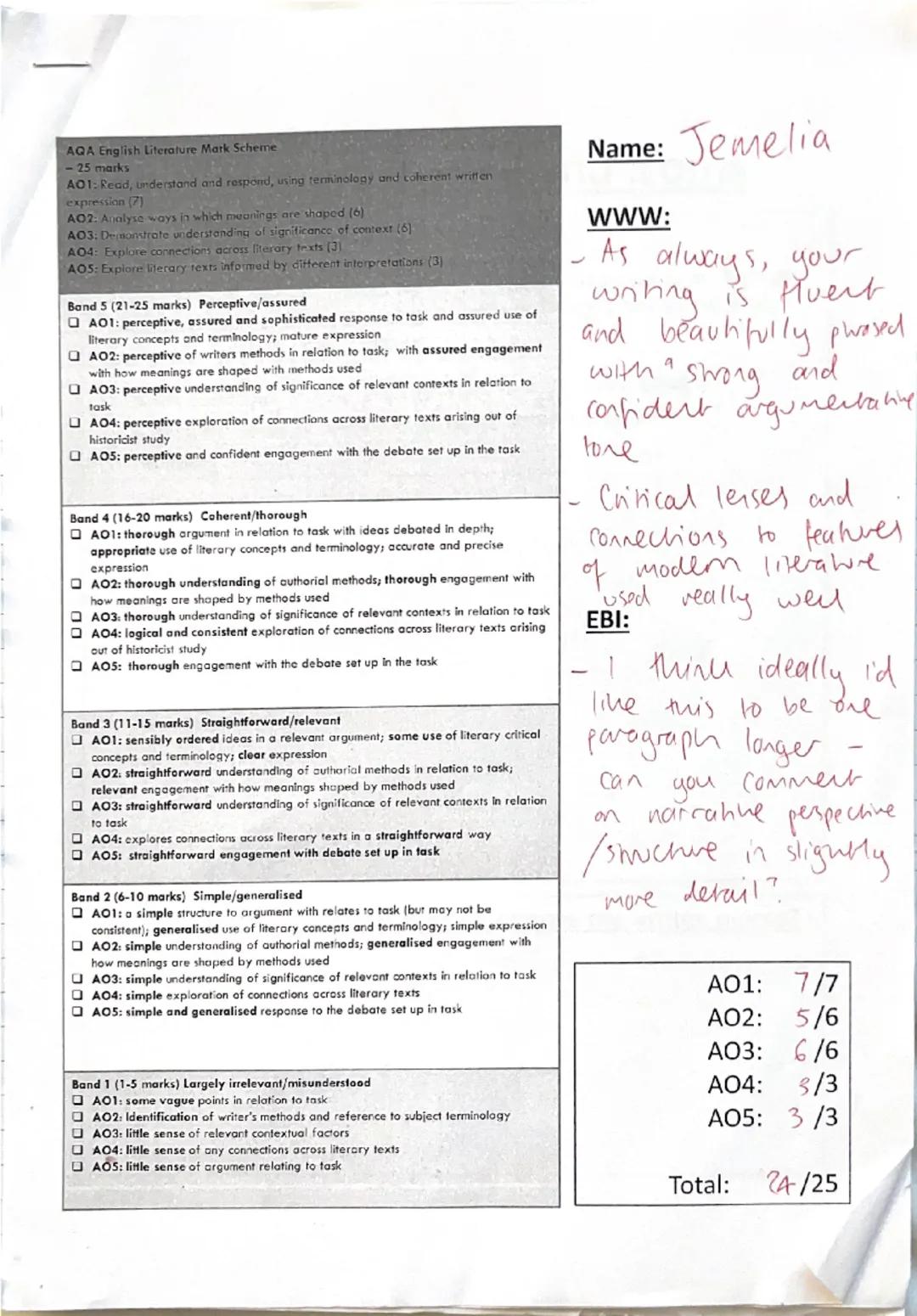 # AGA English Literature Mark Scheme
- 25 marks
A01: Read, understand and respond, using terminology and coherent written
expression (7)
A02
