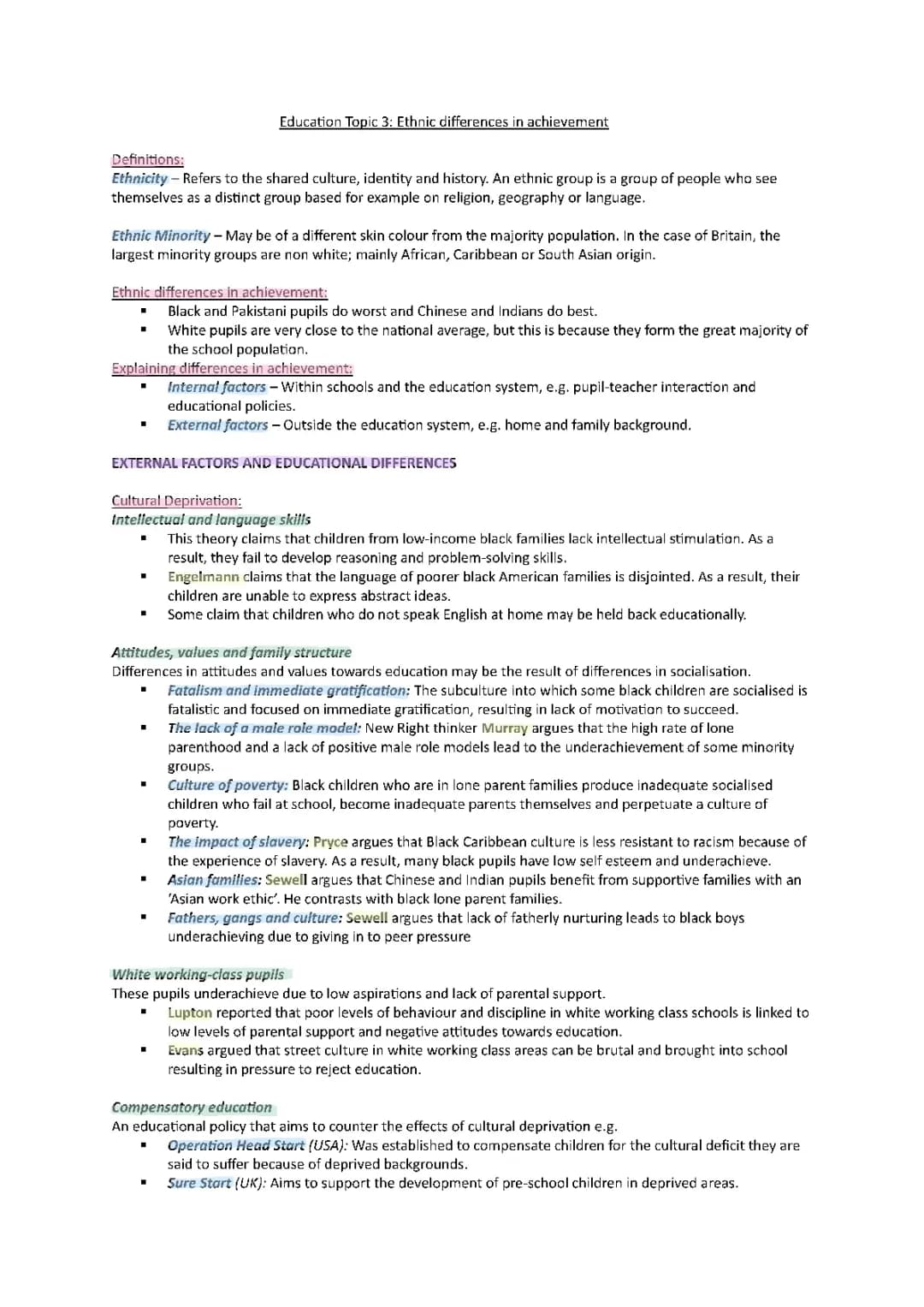 A Level Sociology Revision Notes: Ethnic Differences in Achievement