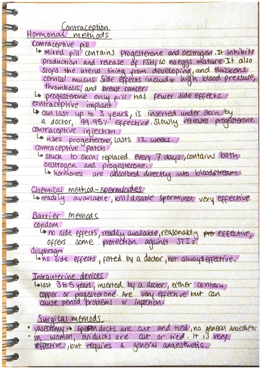 Contraception
Hormonal methods
Contraceptive pill
Lo mixed pill contains progesterone and oestrogen. It inhibits
production and release of F