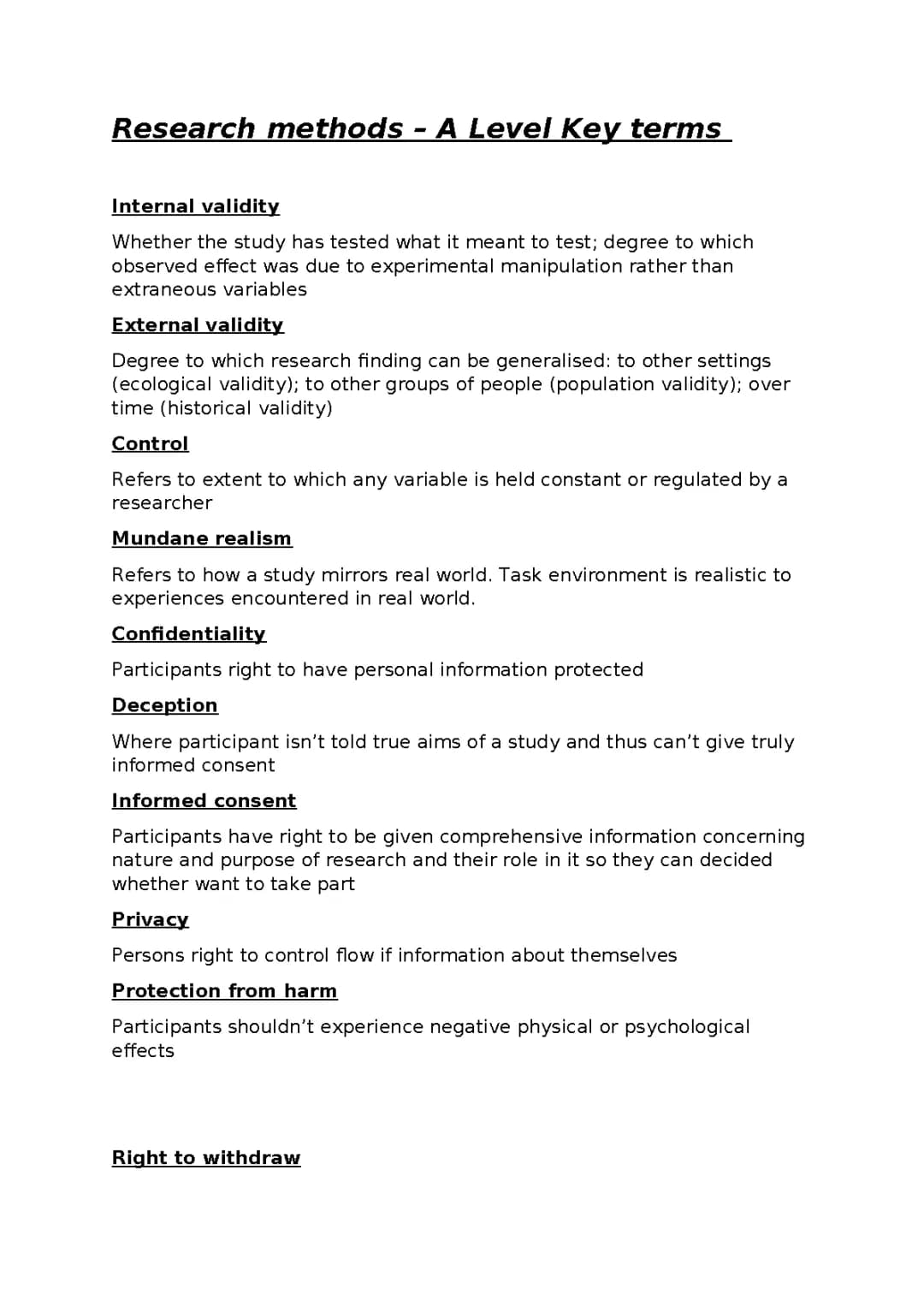 Research methods - a level key terms 