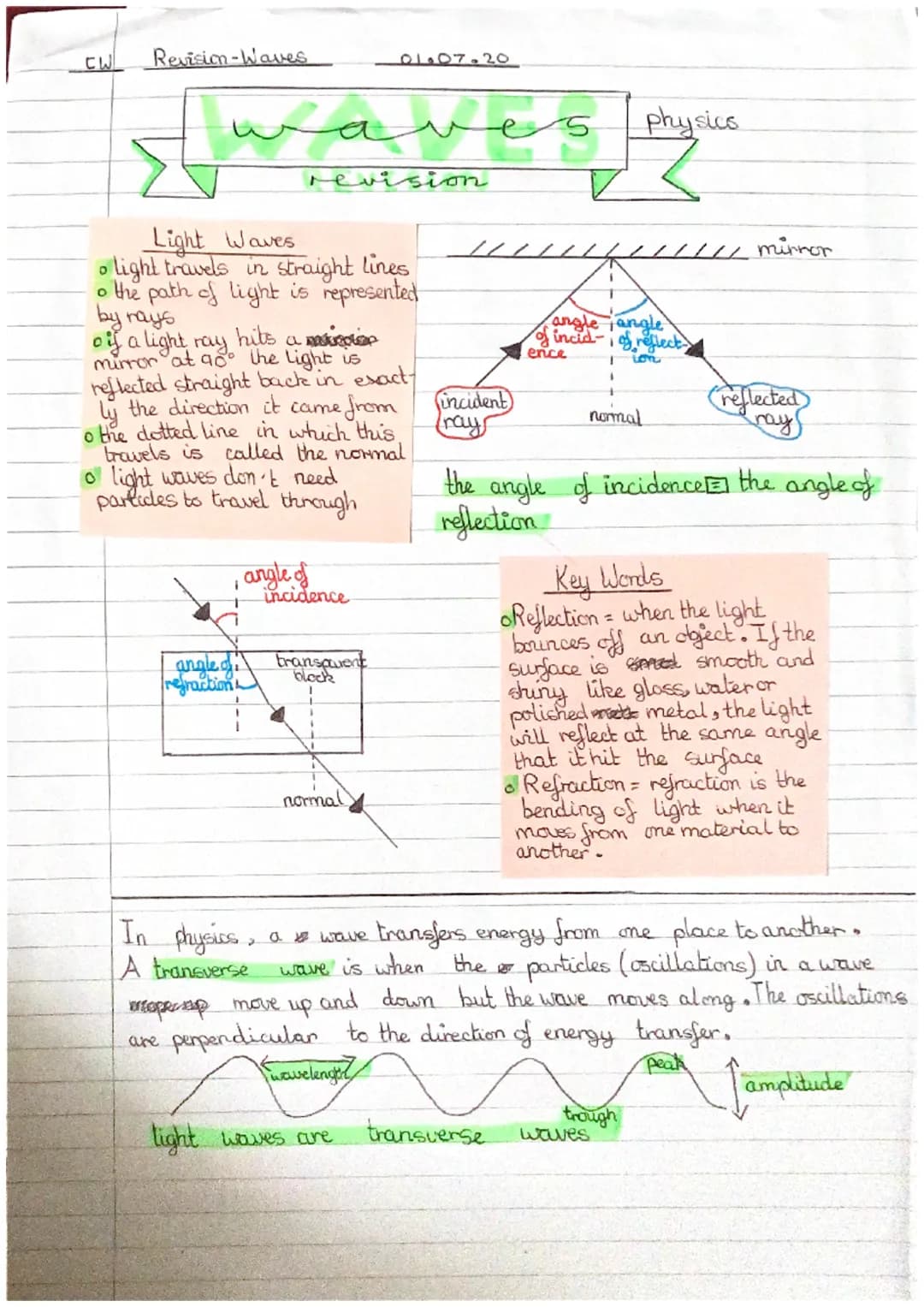 CW
Revision-Waves
waves
revision
Light Waves
。 light travels in straight lines
o the path of light is represented
by rays
of a light ray
hit