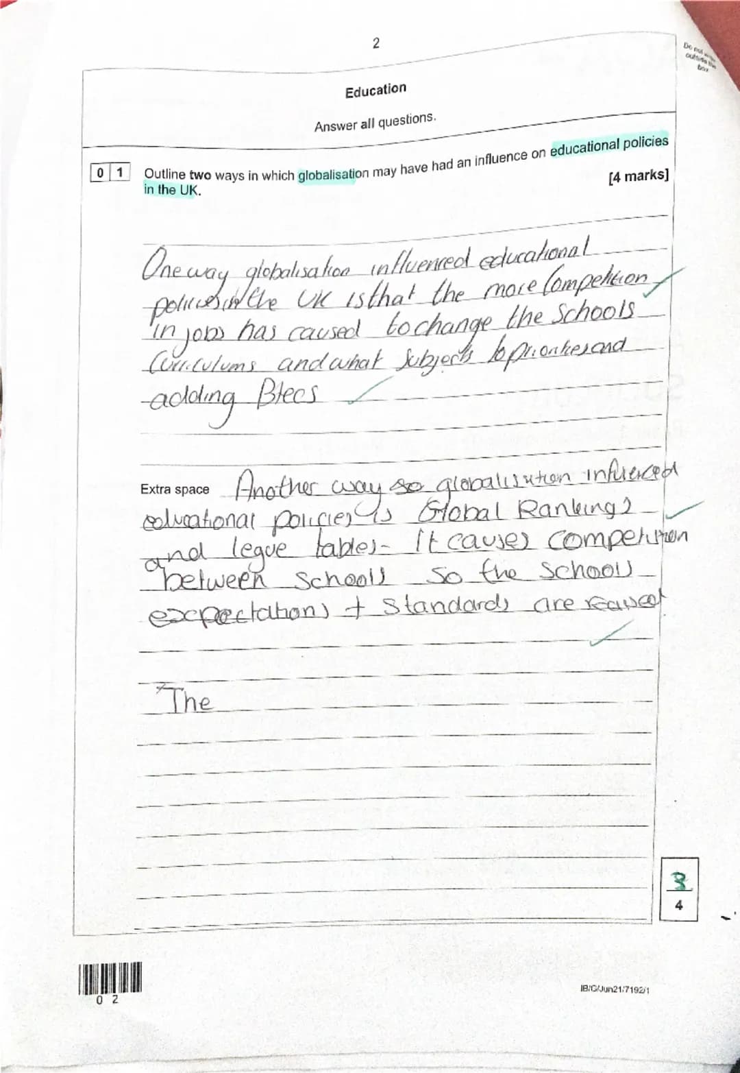 Candidate number
Surname
Forename(s)
Candidate signature
A-level
Gavala
Esma
I declare this is my own work.
SOCIOLOGY
Paper 1 Education with