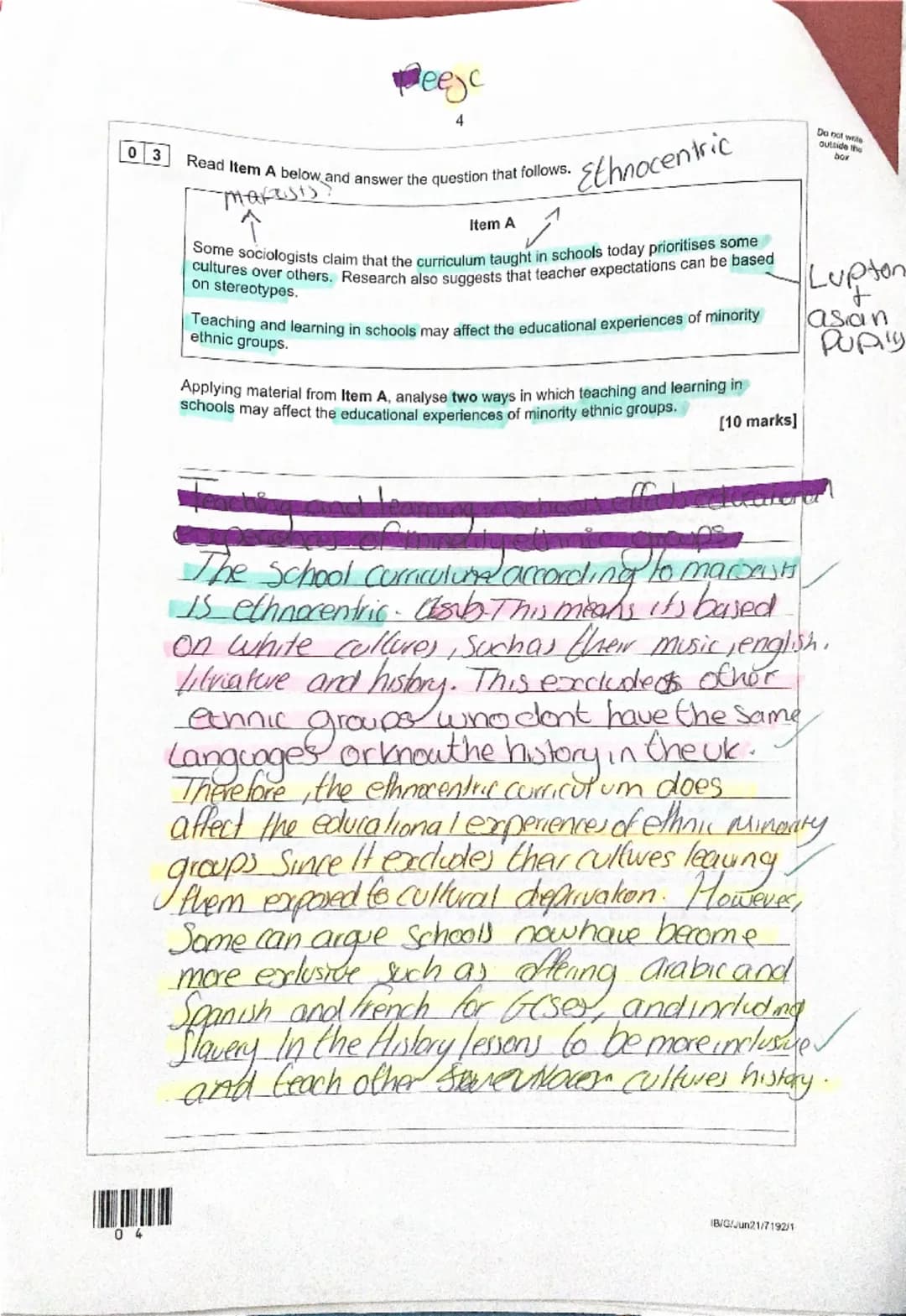 Candidate number
Surname
Forename(s)
Candidate signature
A-level
Gavala
Esma
I declare this is my own work.
SOCIOLOGY
Paper 1 Education with