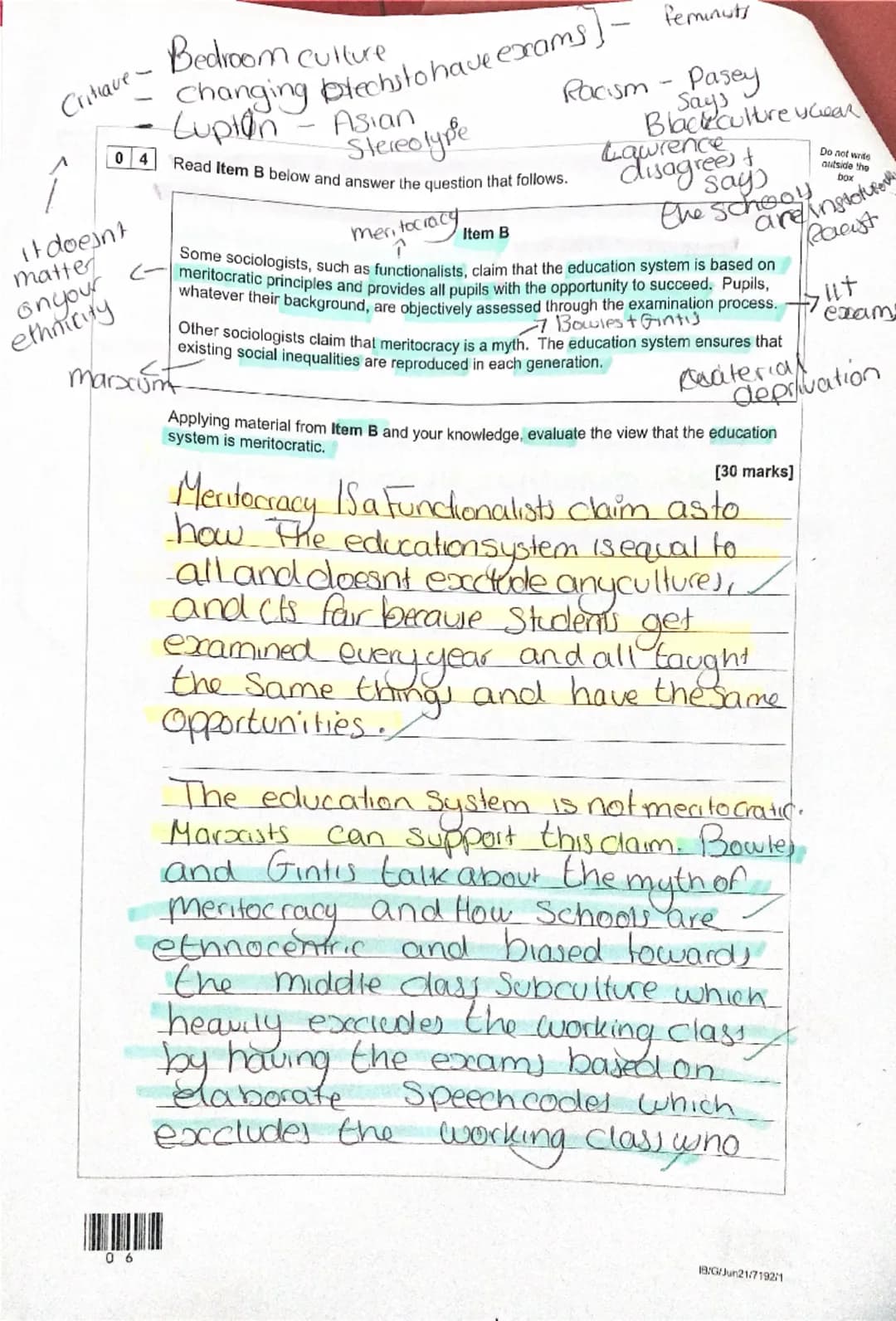 Candidate number
Surname
Forename(s)
Candidate signature
A-level
Gavala
Esma
I declare this is my own work.
SOCIOLOGY
Paper 1 Education with
