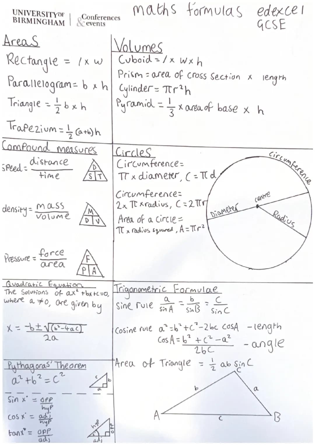 UNIVERSITY OF
BIRMINGHAM
Areas
Rectangle
Speed=
Parallelogram=bxh
Triangle bxh
Trapezium = 1/2 (a+b) |
Compound measures
distance
time
densi