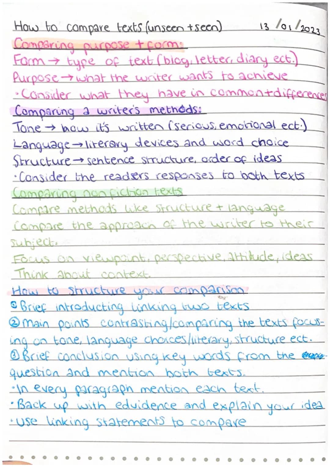 13/01/2023
How to compare texts (unseen + seen).
Comparing purpose + form:
Form → type of text (blog, letter, diary ect.)
Purpose → what the