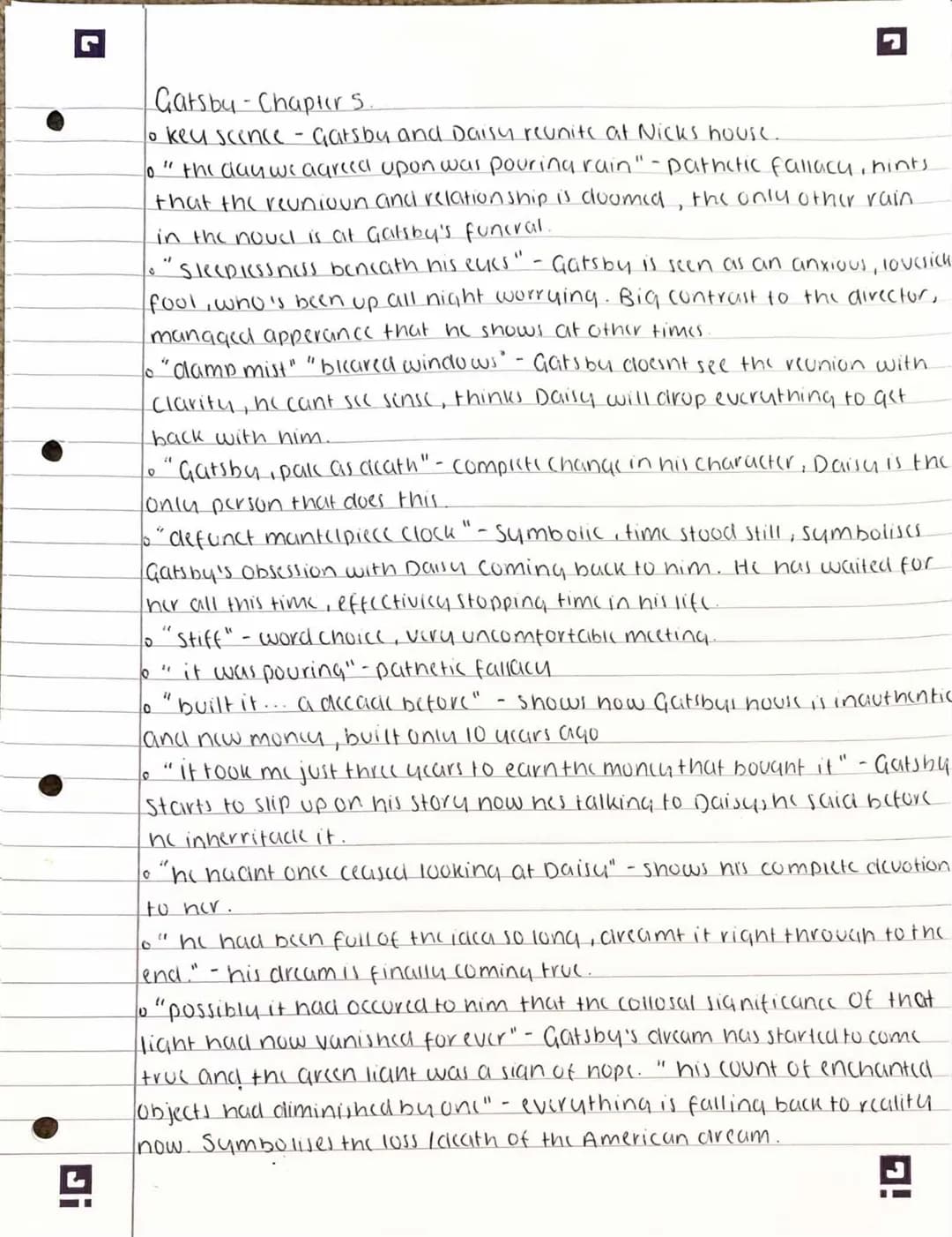 !G
Gatsby - Chapter 5.
To key scence - Gatsby and Daisy reunite at Nicks house..
0.
"the day we agreed upon was pouring rain"-pathetic falla